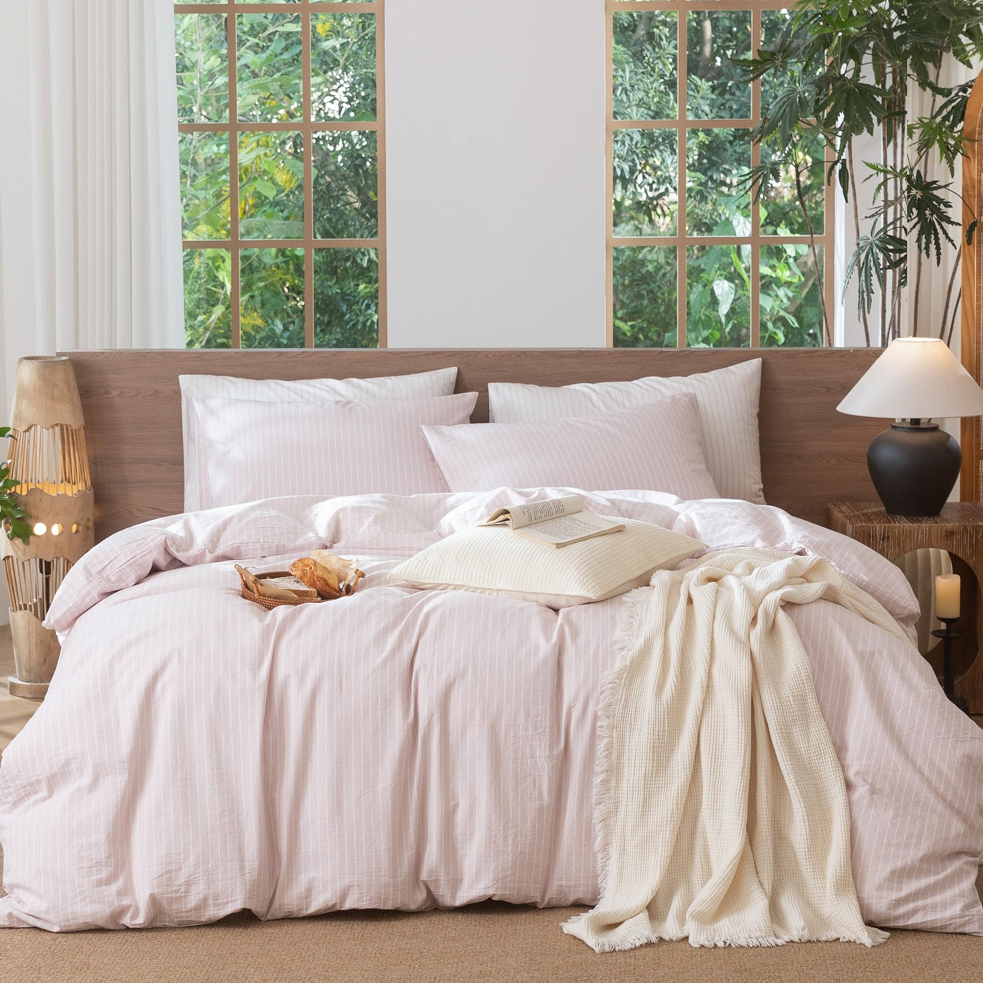 MooMee Striped Duvet Cover Set 100% Washed Cotton Linen Like Oversized King