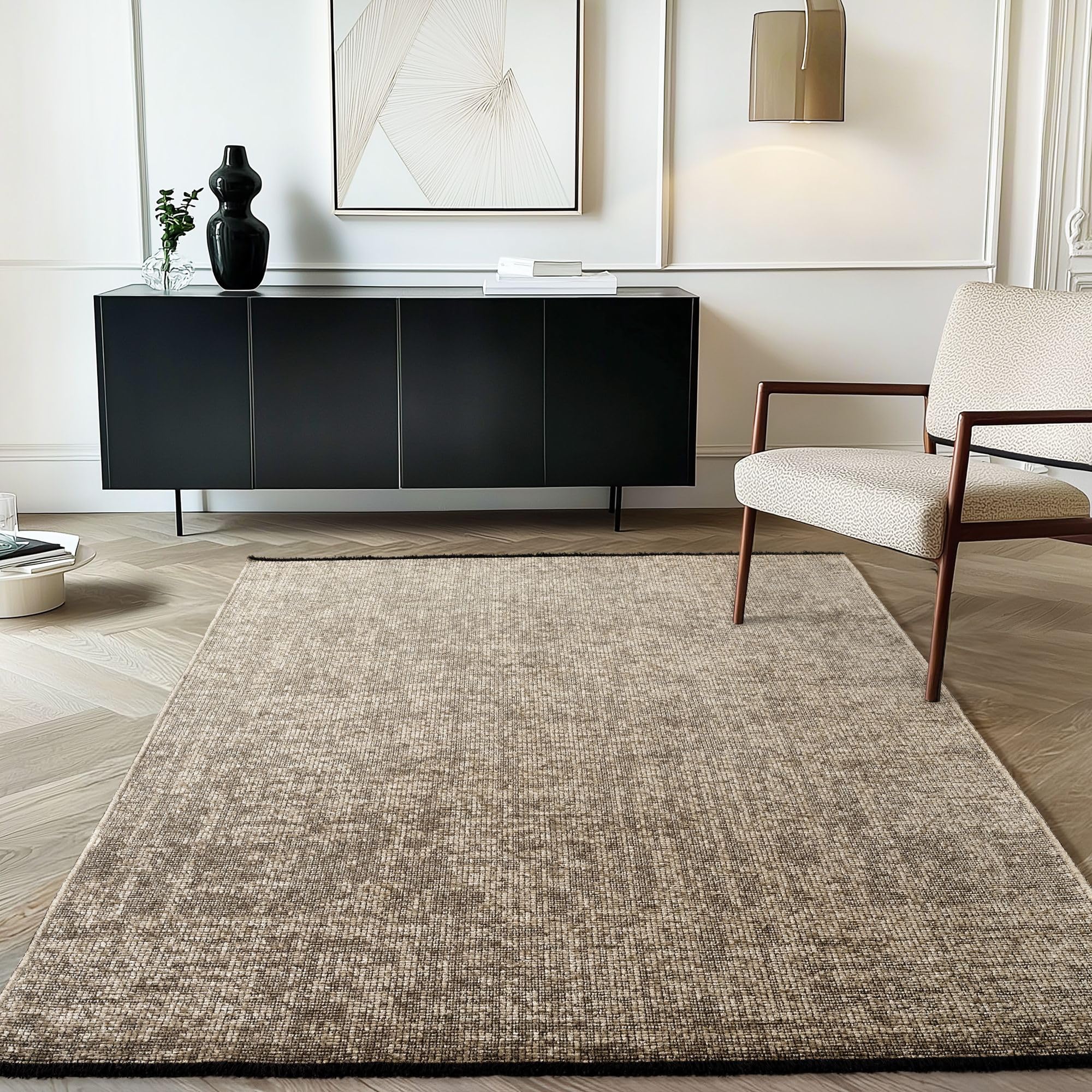 Carpetsale24, Tapis en Coton Chenille Beige 200x290 cm Lavable, Style Boho, Vintage Kelim, Poils Courts, Antidérapant et Doux, Mélange Monochrome, pour Salon, Chambre, Bureau & Cuisine