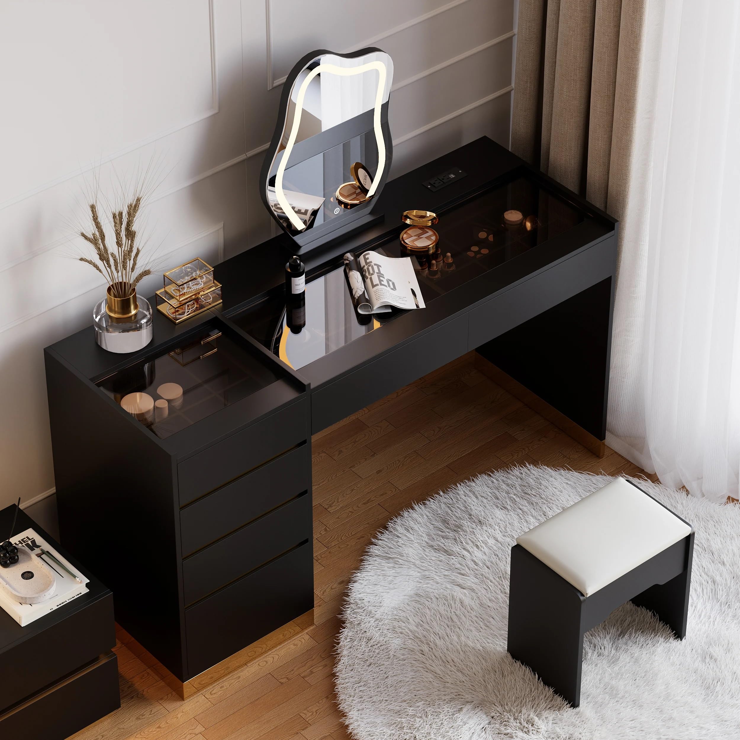 modern makeup vanity set with led mirror, 140 cm wide dressing table with 8 storage drawers, black