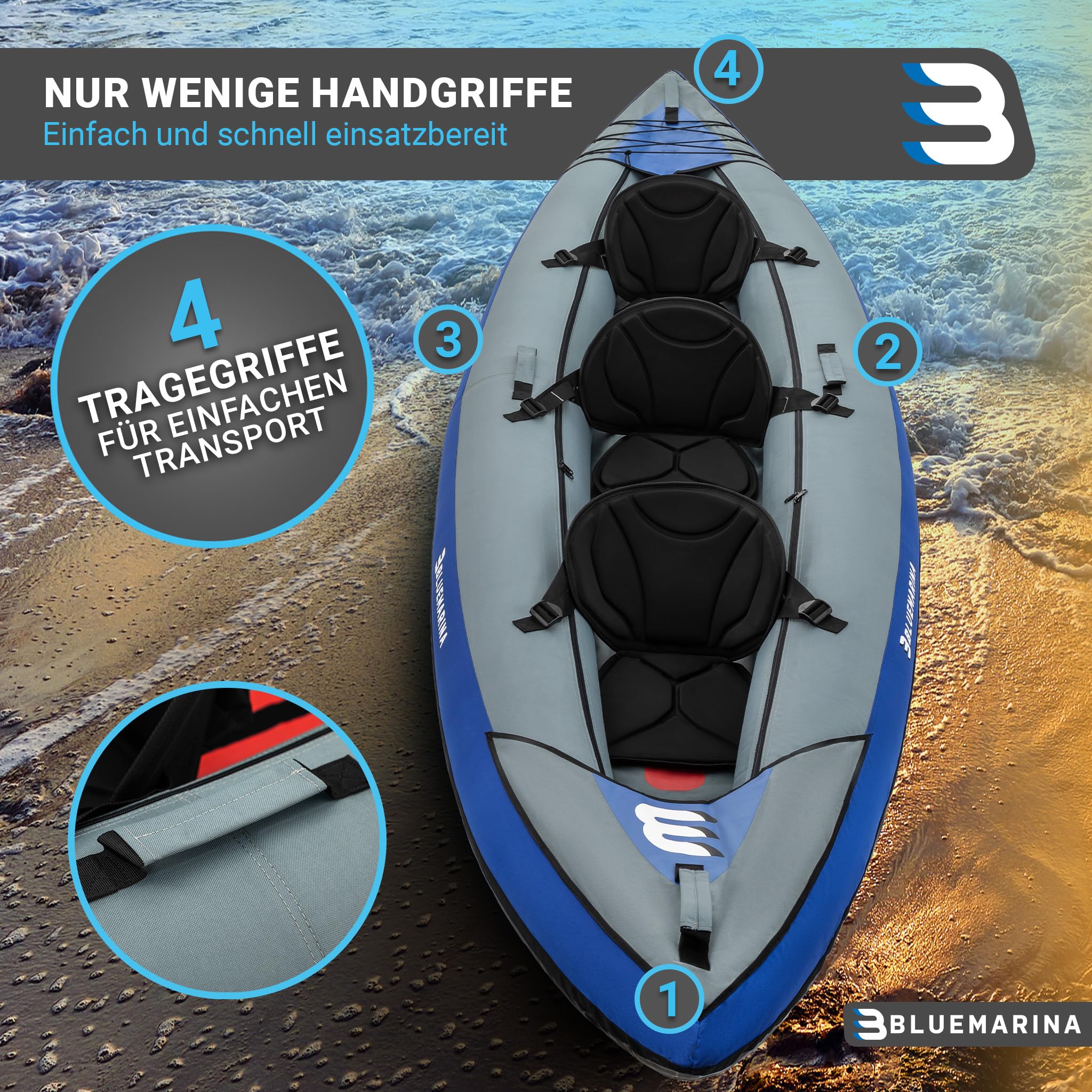 Bluemarina Kajak aufblasbar Samoa | Kanu für 1 oder 3 Personen - Luftkajak mit Paddel - Pumpe - Tasche - Aufblasbares Paddelboot - Kajaks Zubehör - Schlauchboot - Angelkajak - Wasserboot