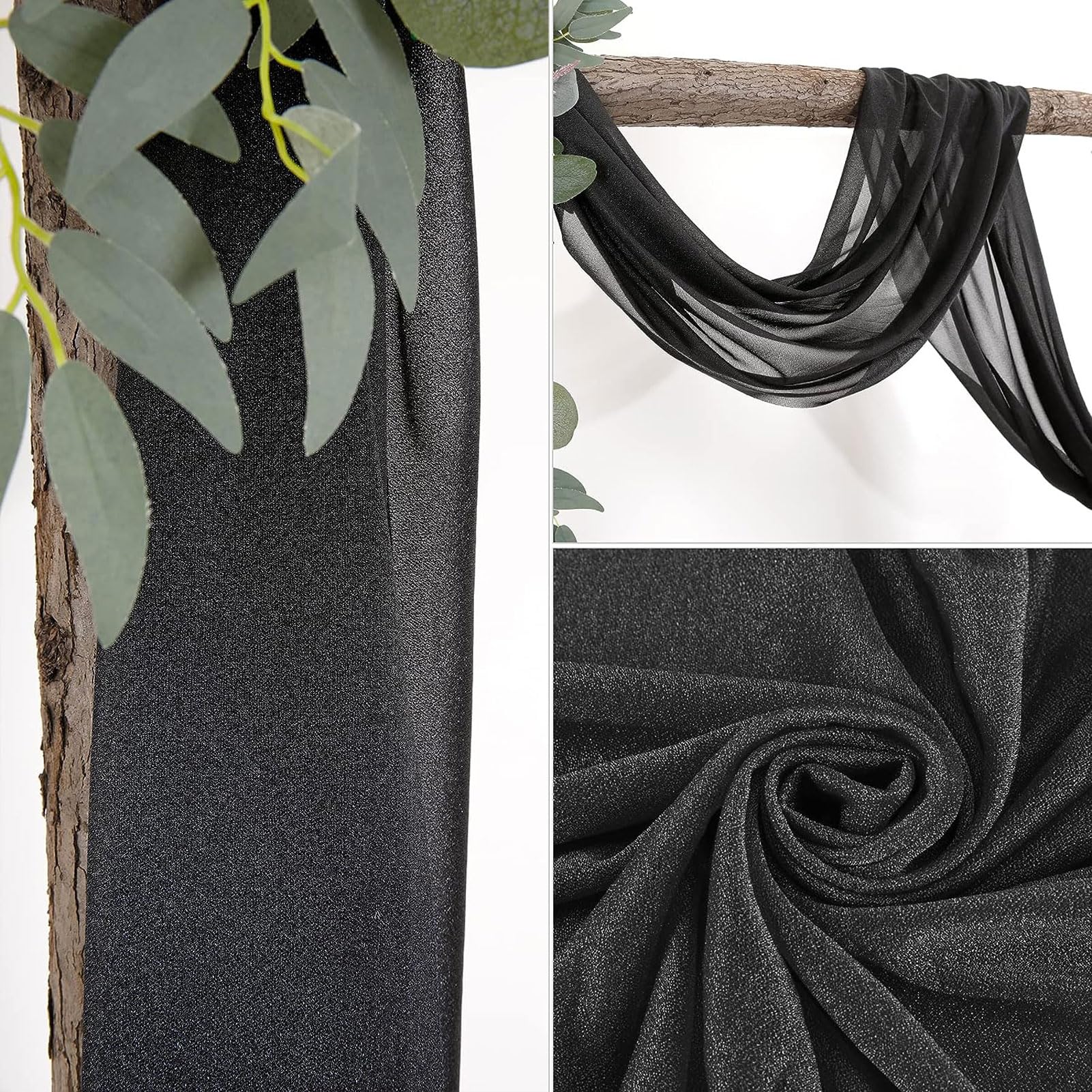 HUHJYUGE Querbehang Schwarz Hochzeitsbogen Deko Gardinen Hochzeit Vorhang Tüllstoff Freihanddeko Gardinen Chiffon vorhänge Freihandbogen Hochzeitsvorhang (1 600cm)
