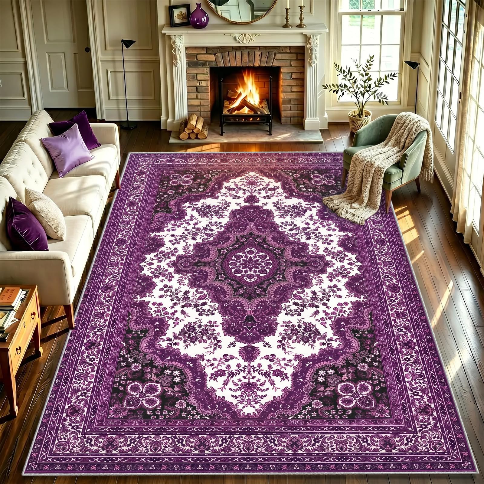 WUTONG Large Washable Living Room Rugs 180x280 cm Purple Area Rug Vintage Lilac Medallion Carpet,Soft Faux Cashmere Low Pile Distressed for Lounge
