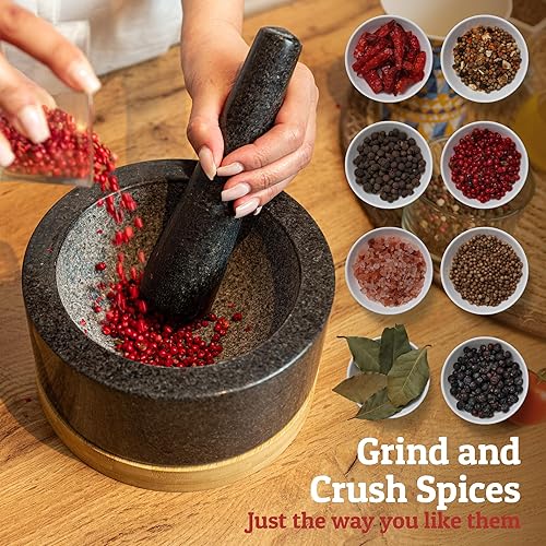 Miniatura 8 de Juego de mortero y mortero de alta resistencia con base de bambú, 4 tazas extragrandes, mortero de granito 100% natural y cuenco de molinillo de