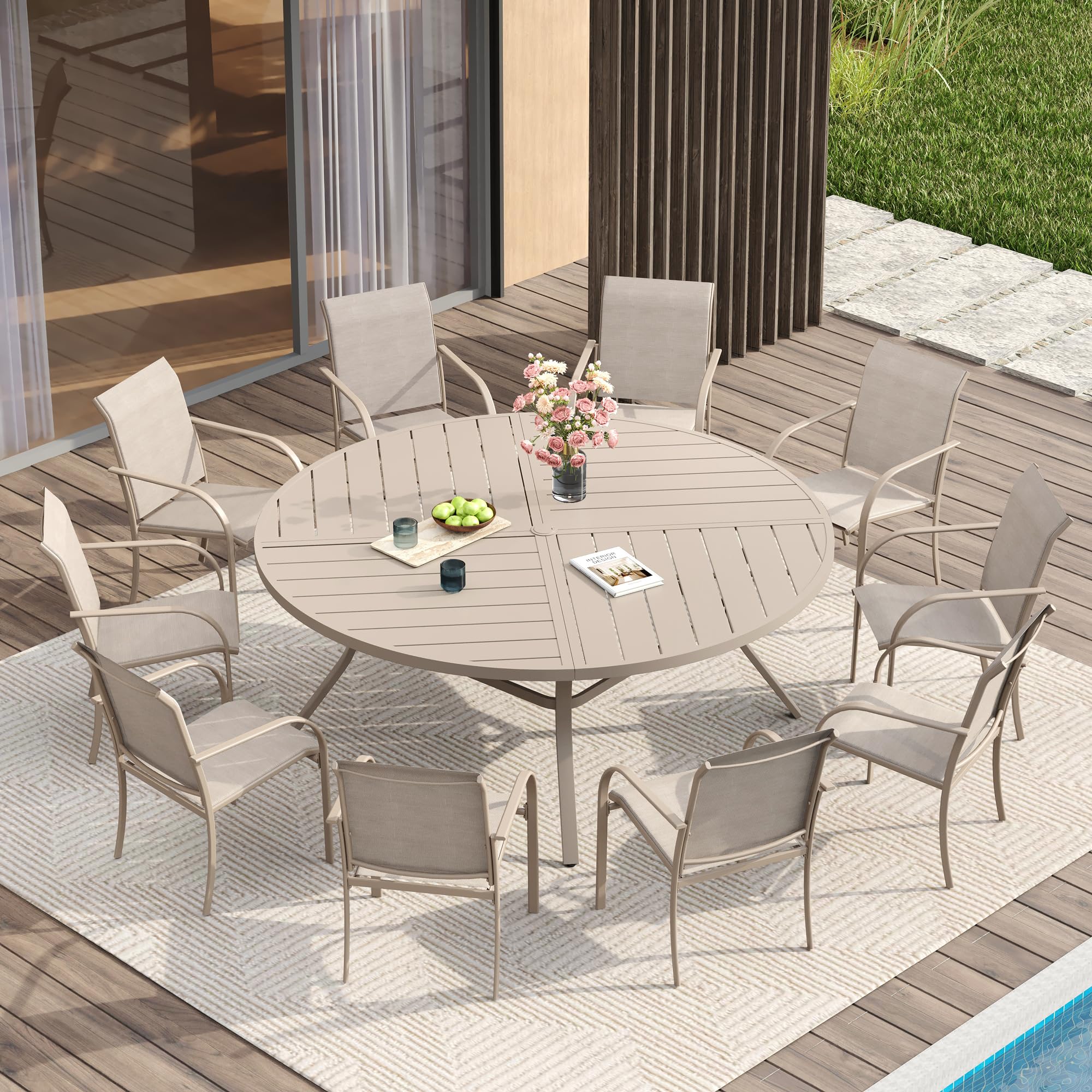 VICLLAX Patio Table and Chair Set of 10, All Weather Metal Round Outdoor Dining Furniture Set-59.9" Round Outdoor Table and Chairs, Sandshell Tabletop