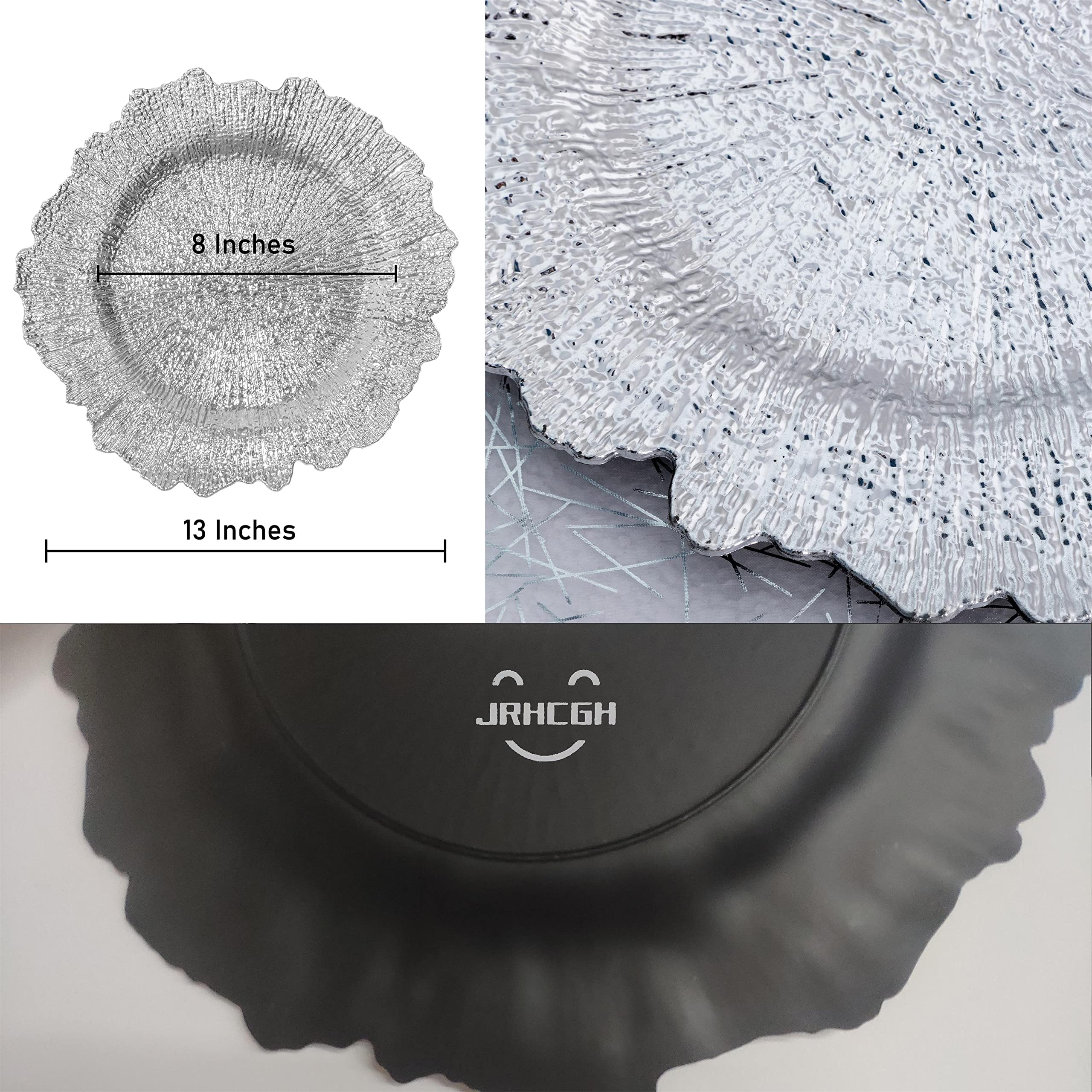 JRHCGH 13" Round Sliver Charger Plates Set Of 6, Plastic Reef Chargers for Dinner Plates, Table Setting For Wedding, All Holidays And Occasions (Silver)