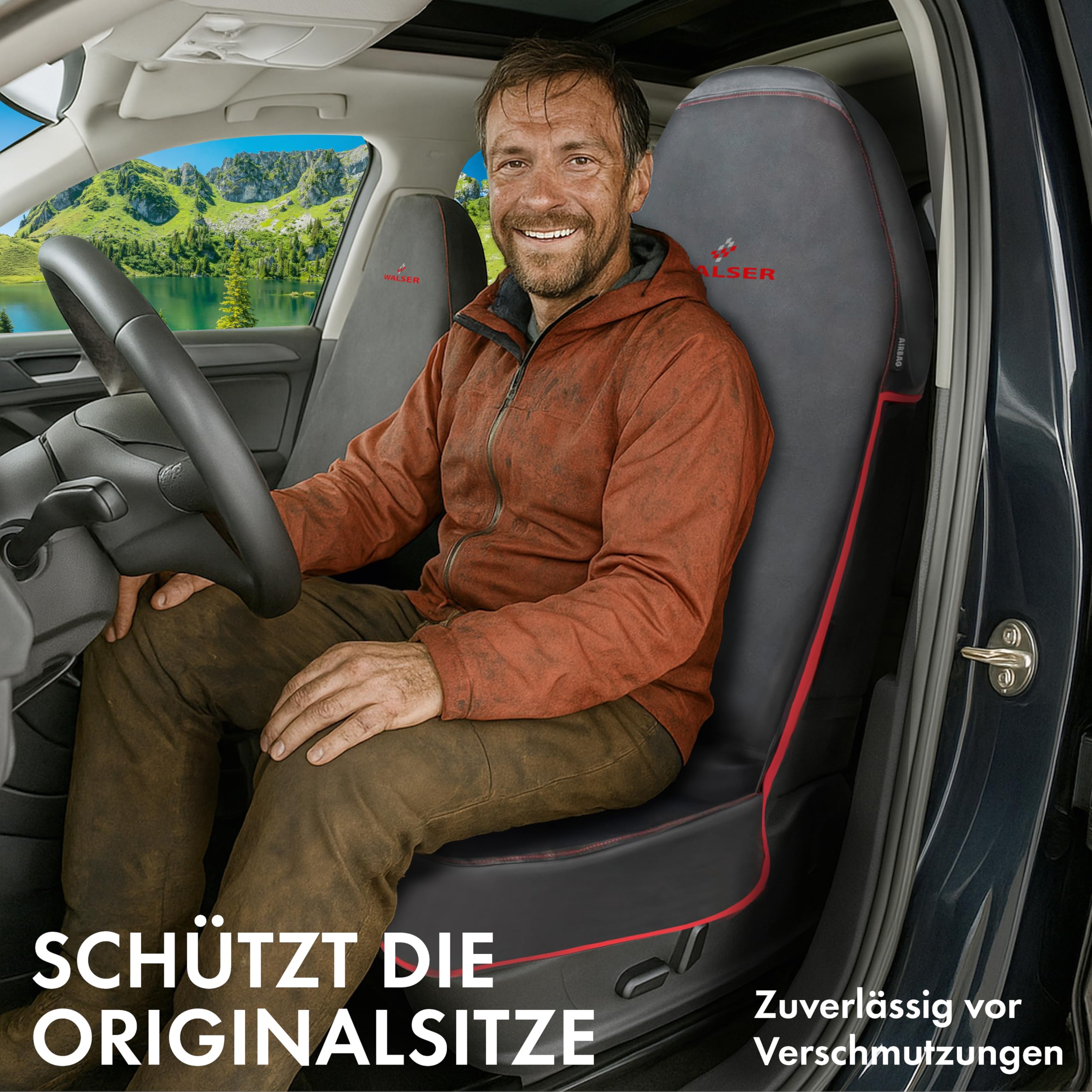 WALSER Guardian Schonbezug Vordersitz, Qualitätssieger Sehr Gut* Sitzschoner, Auto Sitzbezüge, Schonbezug Autositz Vorne, Vordersitzbezug Schwarz/Rot