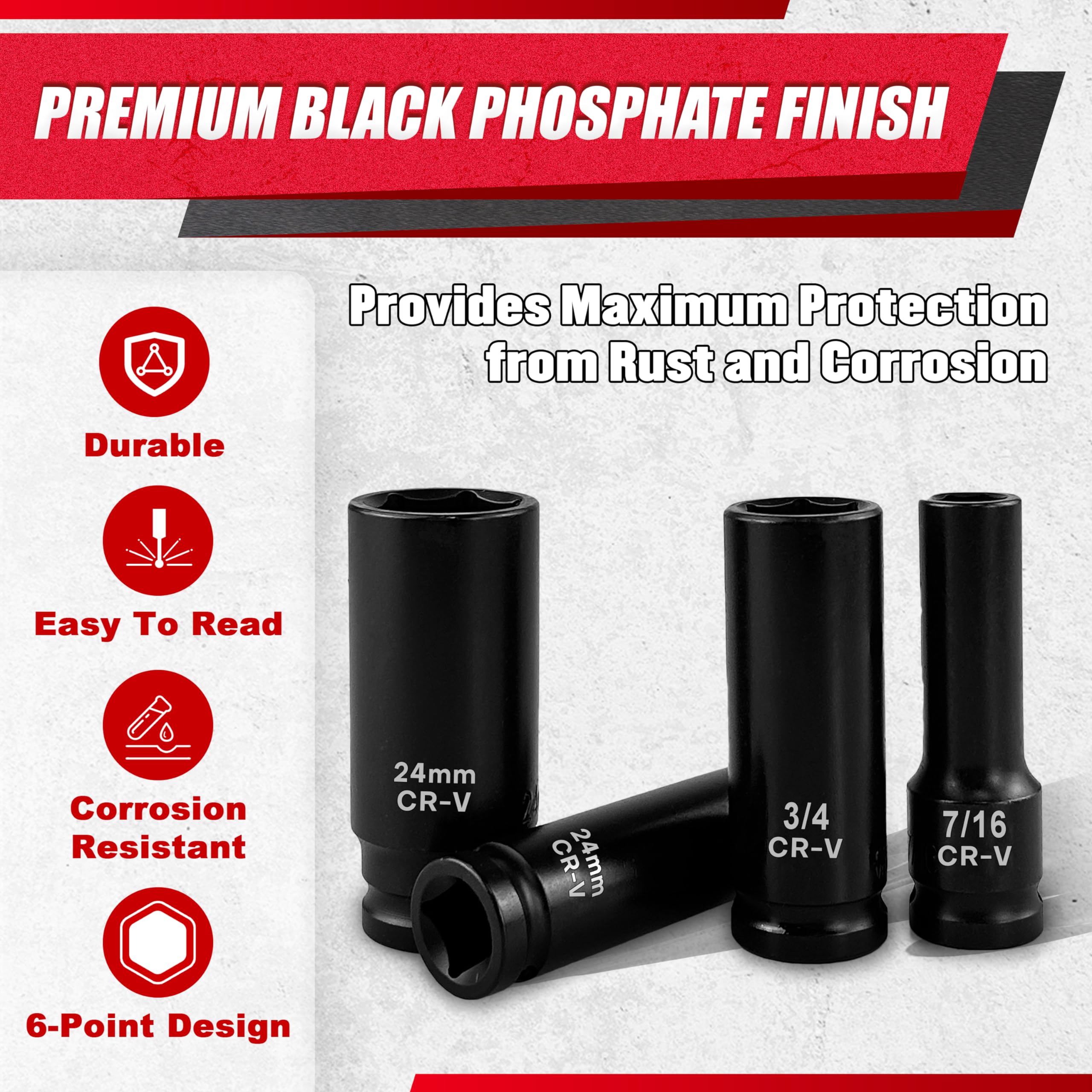 EACELIY Juego de 29 llaves de vaso de impacto profundo de 1/2 pulgada, incluye barra de extensión de impacto de 3, 5 y 10 pulgadas, estándar SAE (3/8 a 1 pulgada) y métrico (10 mm-24 mm), acero Cr-V