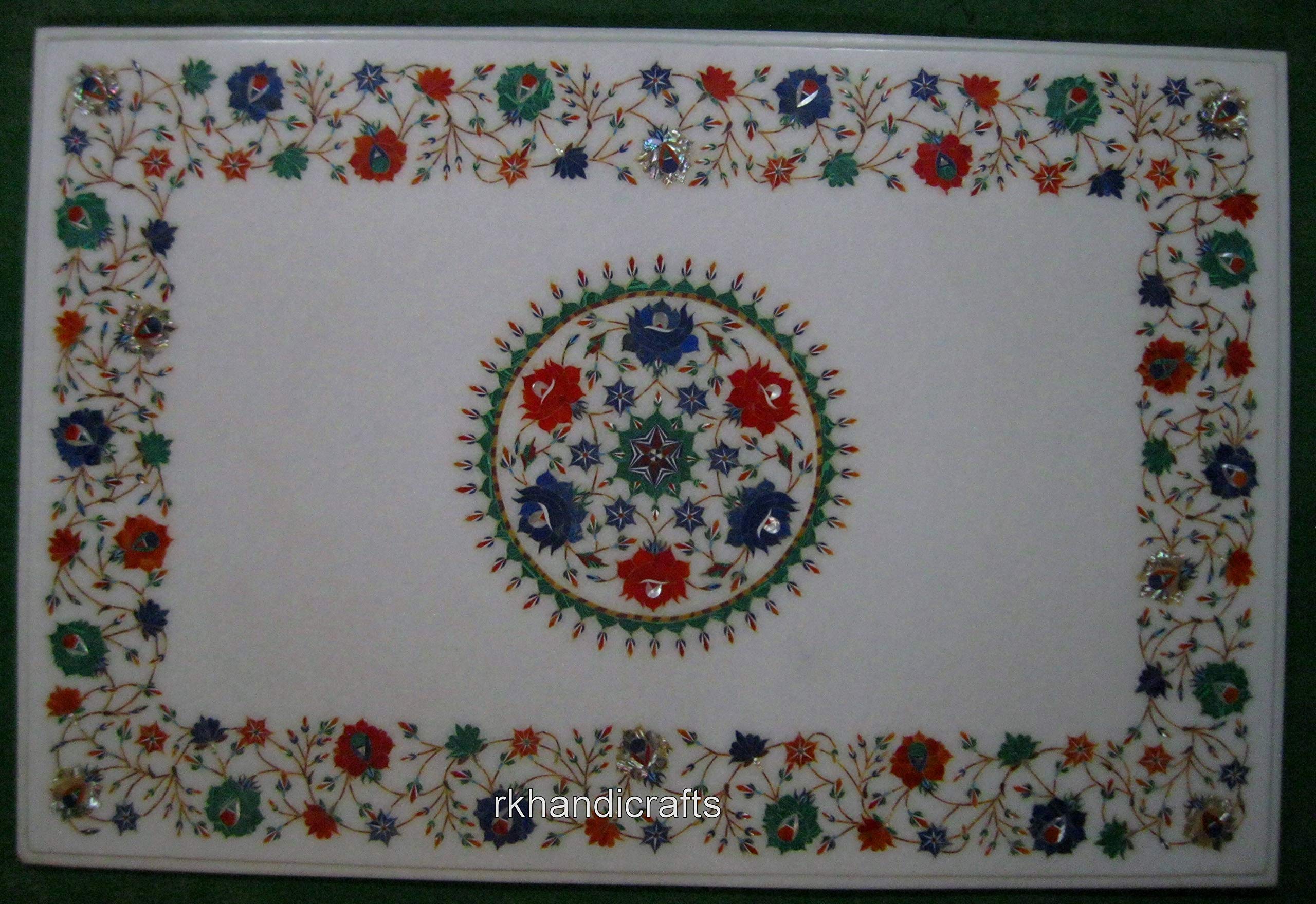 Handmade Kitchen Counter Table Top with Natural Gemstones Inlay Work 24 x 36 Inches Marble Dining Table Top from Art Gallery