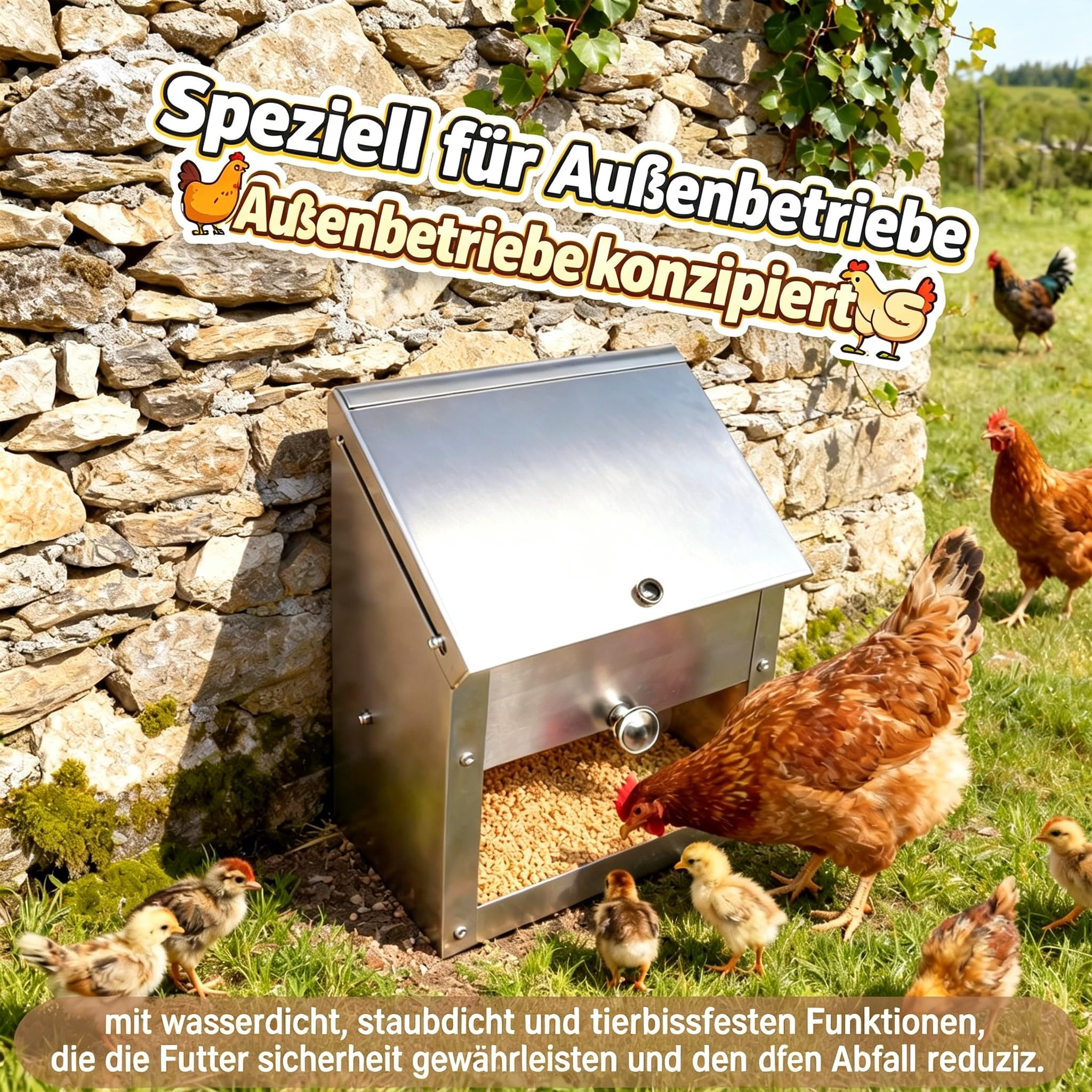 Automatischer Hühnerfutterspender Edelstahl Geflügel Futterspender Futtertrog mit Deckel Hängender Hühnerfutterspender Futterstation