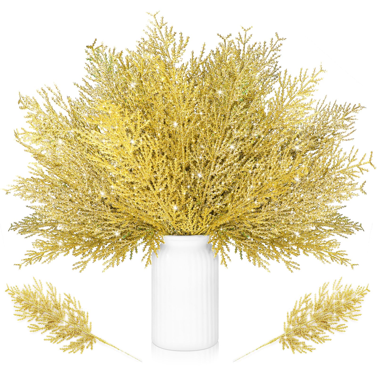 Sinmoe 80 Pcs Christmas Artificial Pine Needles Glitter Artificial Pine Branches 14 Inch Artificial Greenery Stems Decorative Faux Tree Branches for Xmas Wreath Home Party Decor (Gold)