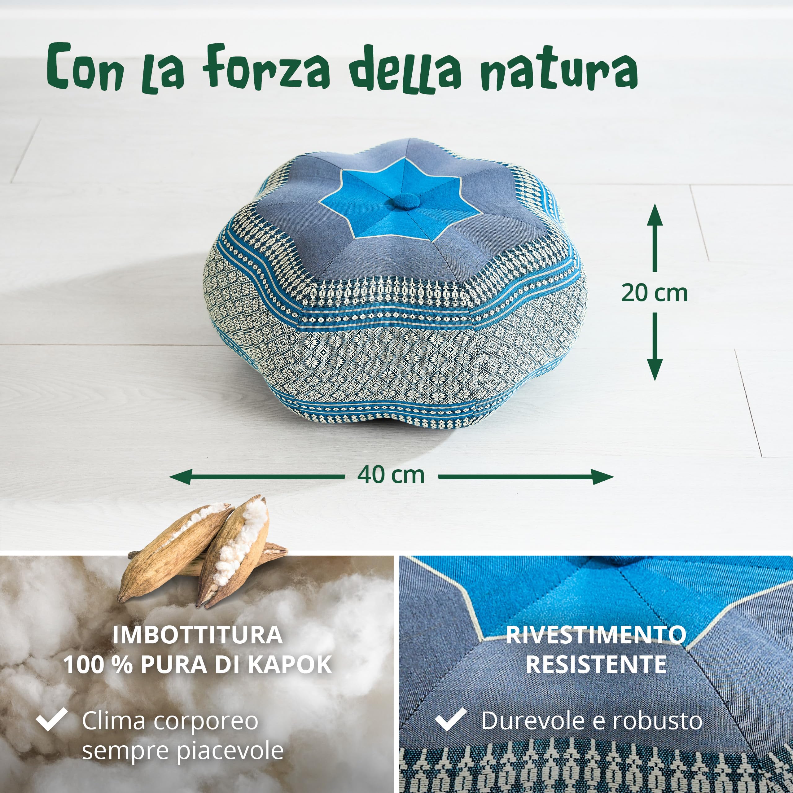 livasia cuscino da meditazione a stella grande - Ø 40x20cm - cuscino per yoga kapok, pouf, cuscino per pavimento zen, cuscino zafu giardino balcone, cuscino per sedersi fatto a mano (Azzurro)
