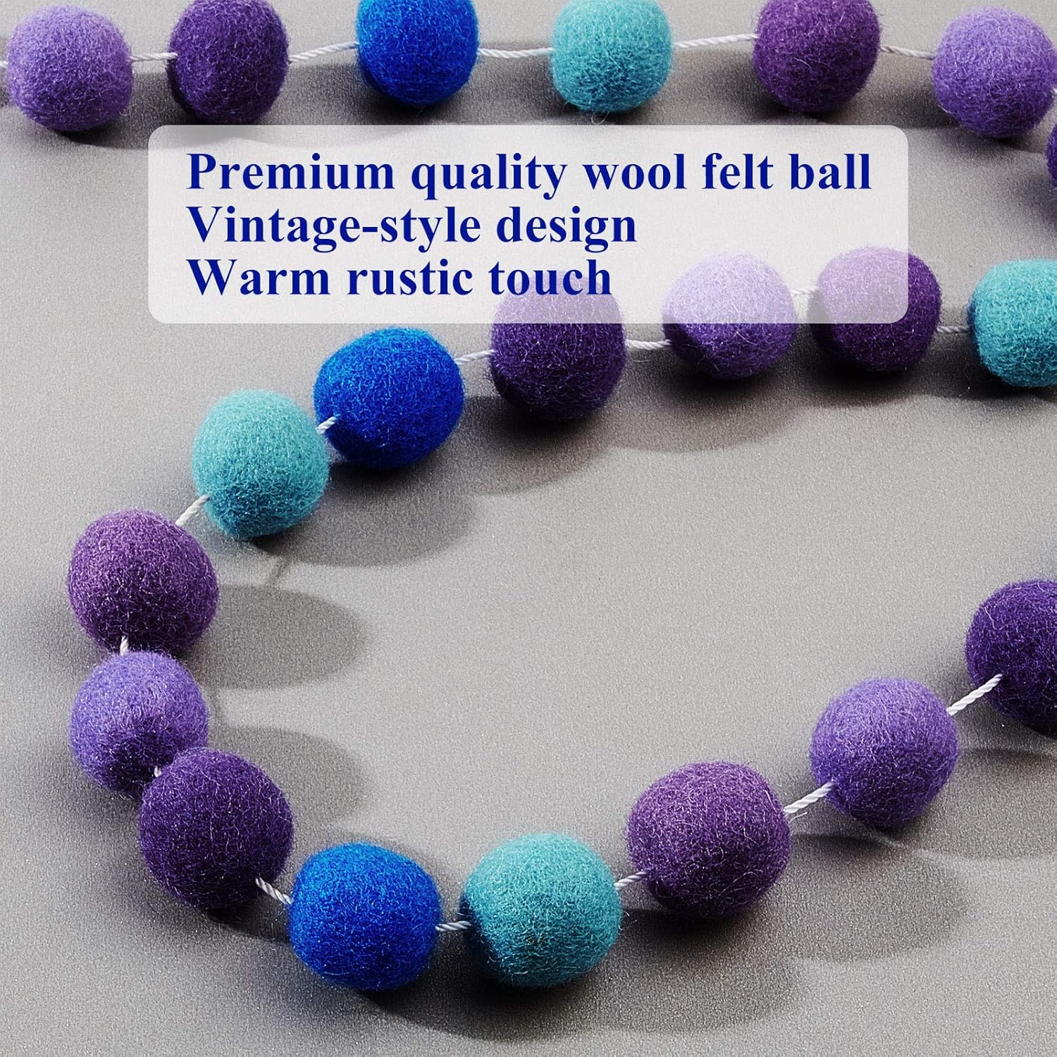 Boao 2 Pcs Wool Felt Ball Garland 6.5 ft 24 Balls Winter Christmas Pompom Garlands Hanging Decoration for Wall Classroom Home Party Decor Photo Prop(Purple, Deep Purple, Light Green, Gray-Blue, Pink) - Image 3