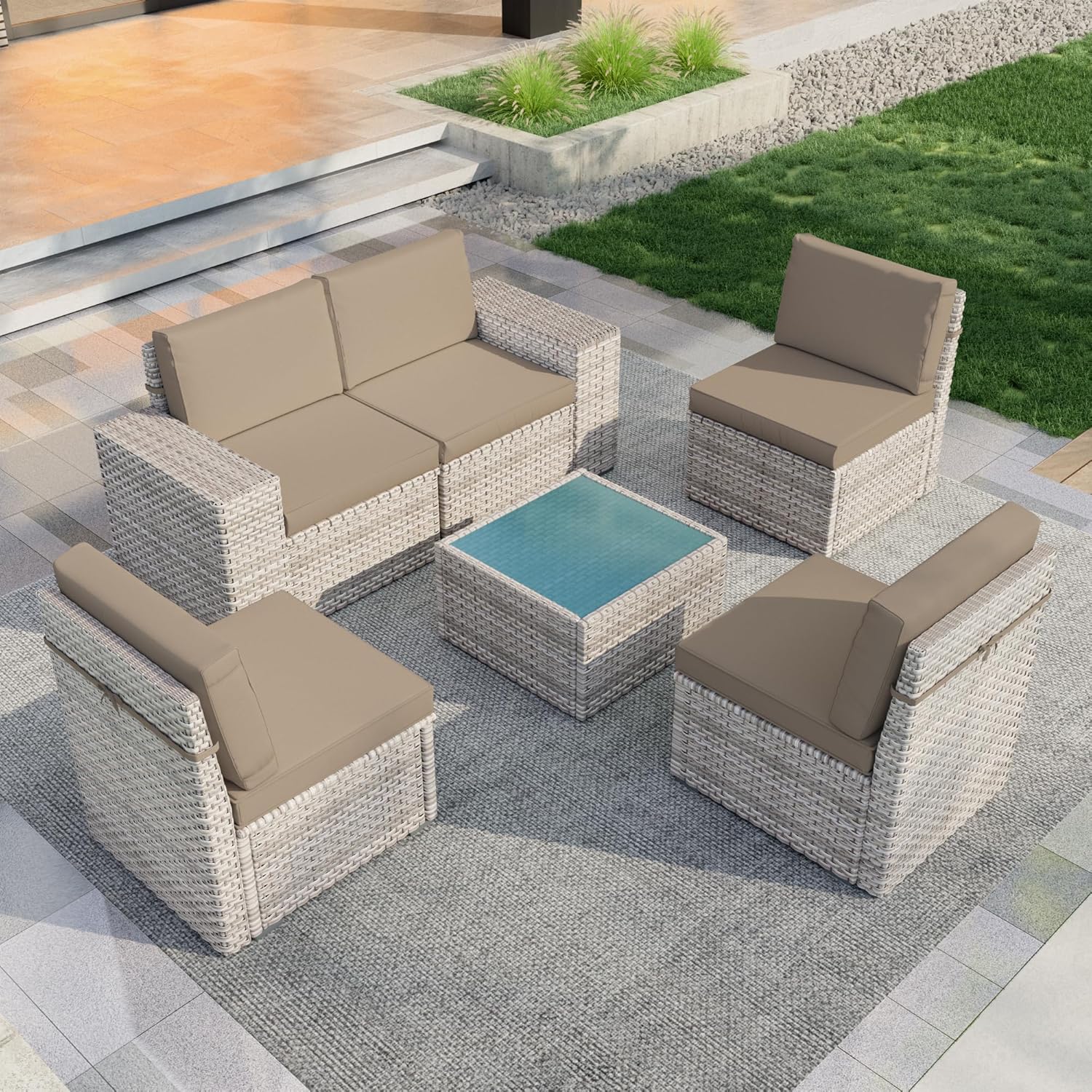 6 Pieces Patio Furniture Set, Outdoor Modular Sectional Couch Conversation Set with Wide Armrests, Wicker Seating Group Sofa with Coffee Table for Backyard Balcony Garden Deck (Khaki Cushions)