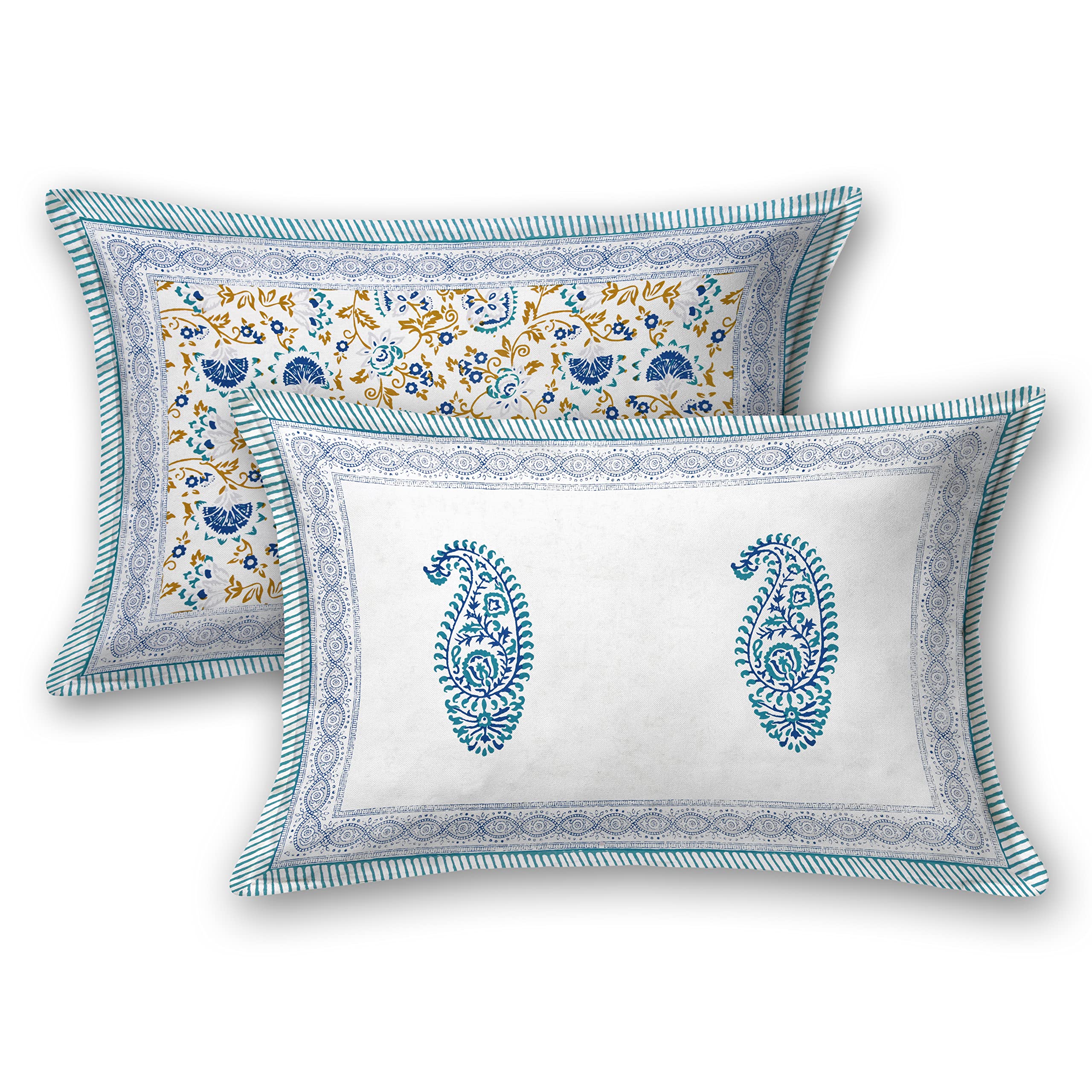 BLOCKS OF INDIA Hand Block Printed 200 TC Cotton King Size Bedsheet (Blue Paisley) 3