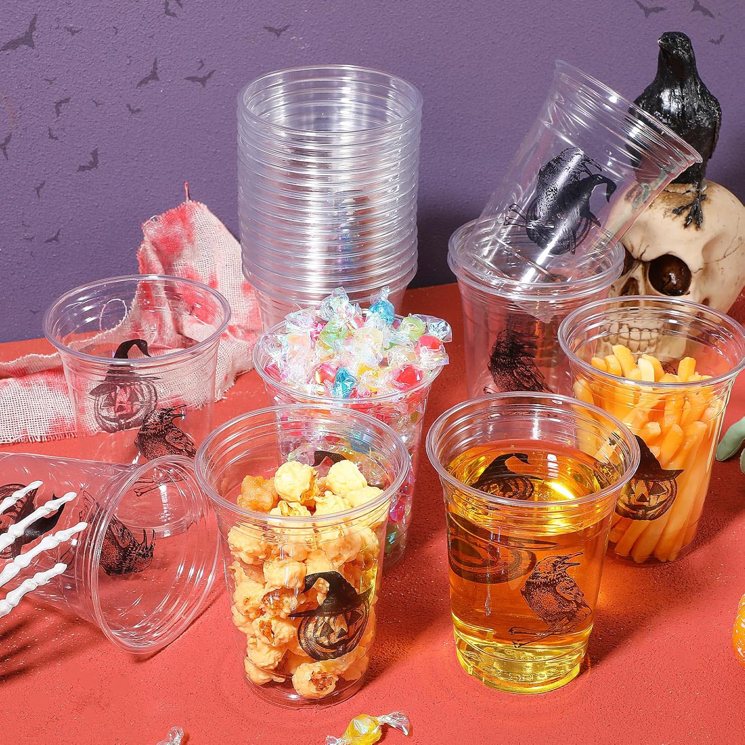 100 pcs 16 oz Halloween Plastic Cups Disposable Halloween Clear Skull Pumpkin Spider Party Cups for Cold Drinks Candies Fruits and Party Supplies Decorations (Skull)