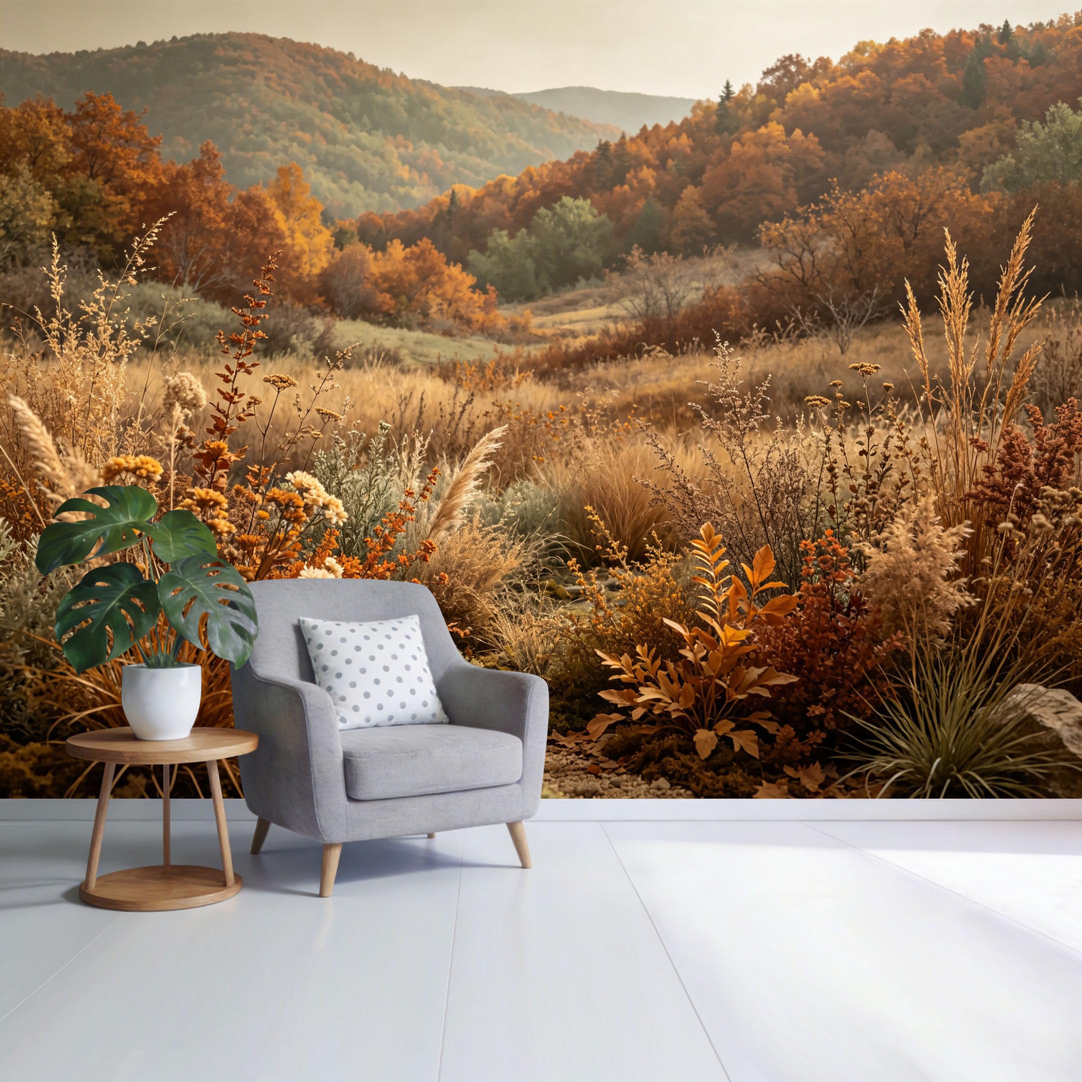Custom Size Wall Mural Autumn Meadow Landscape Golden Foliage Mountain Valley Botanical Nature Scene SelfAdhesive Wall Fabric Removable Wallpaper for Home Office Decor