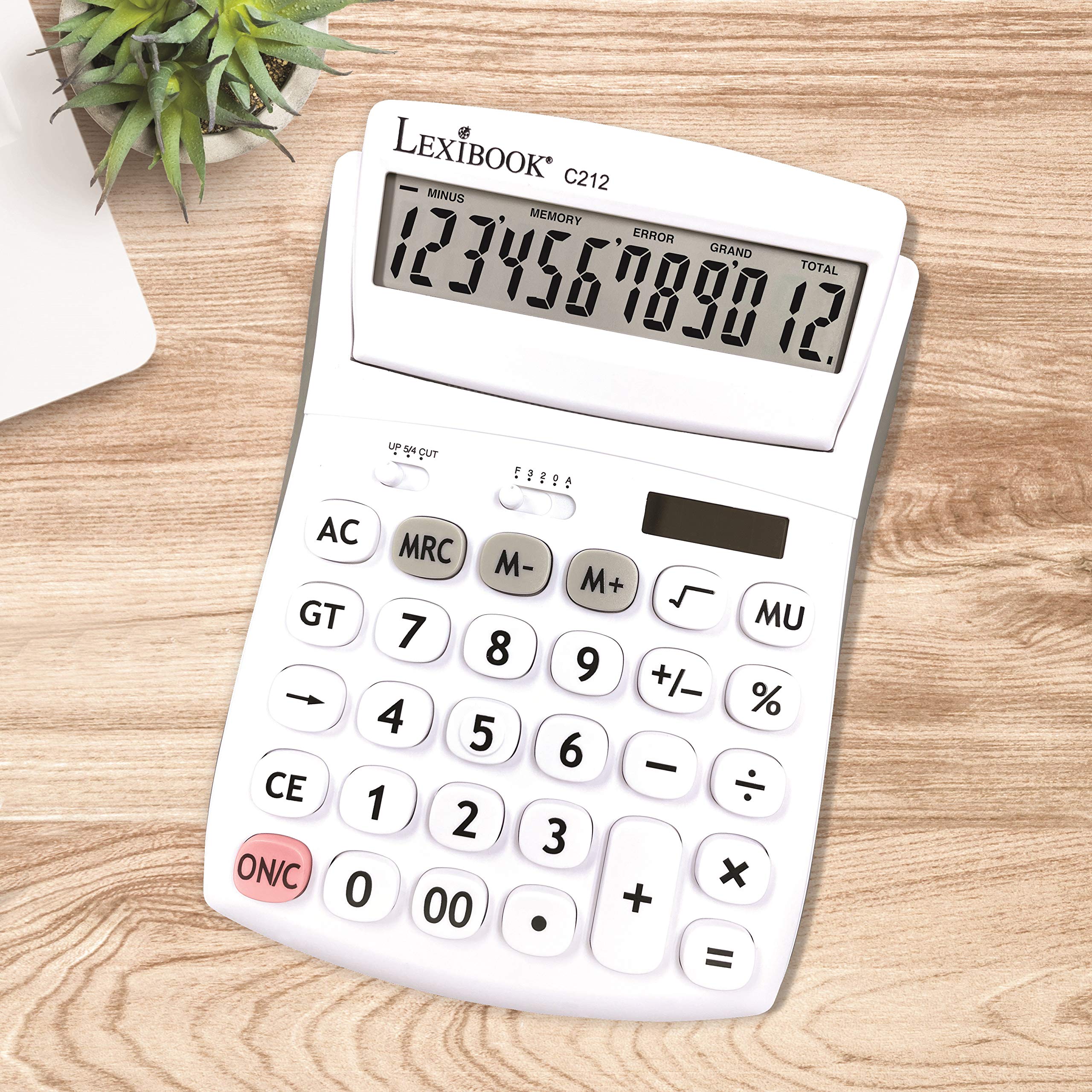 Lexibook, Calculadora de sobremesa de 12 dígitos con Pantalla abatible, Funciones básicas y de Memoria, Teclas Grandes y Pantalla para Oficina, Escuela, hogar, Solar y Pilas, Blanco/Gris, C212