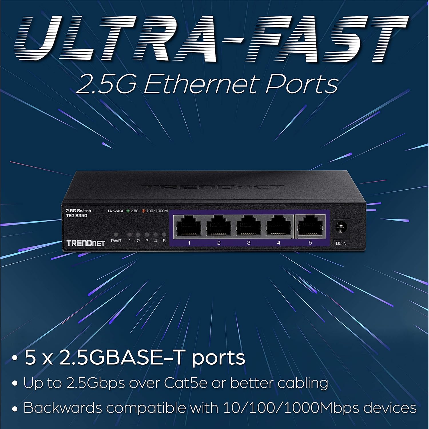 TRENDnet 5-Port Unmanaged 2.5G Switch, 5 x 2.5GBASE-T Ports, 25Gbps Switching Capacity, Backwards Compatible with 10-100-1000Mbps Devices, Fanless, Wall Mountable, Black, (TEG-S350) : Industrial & Scientific