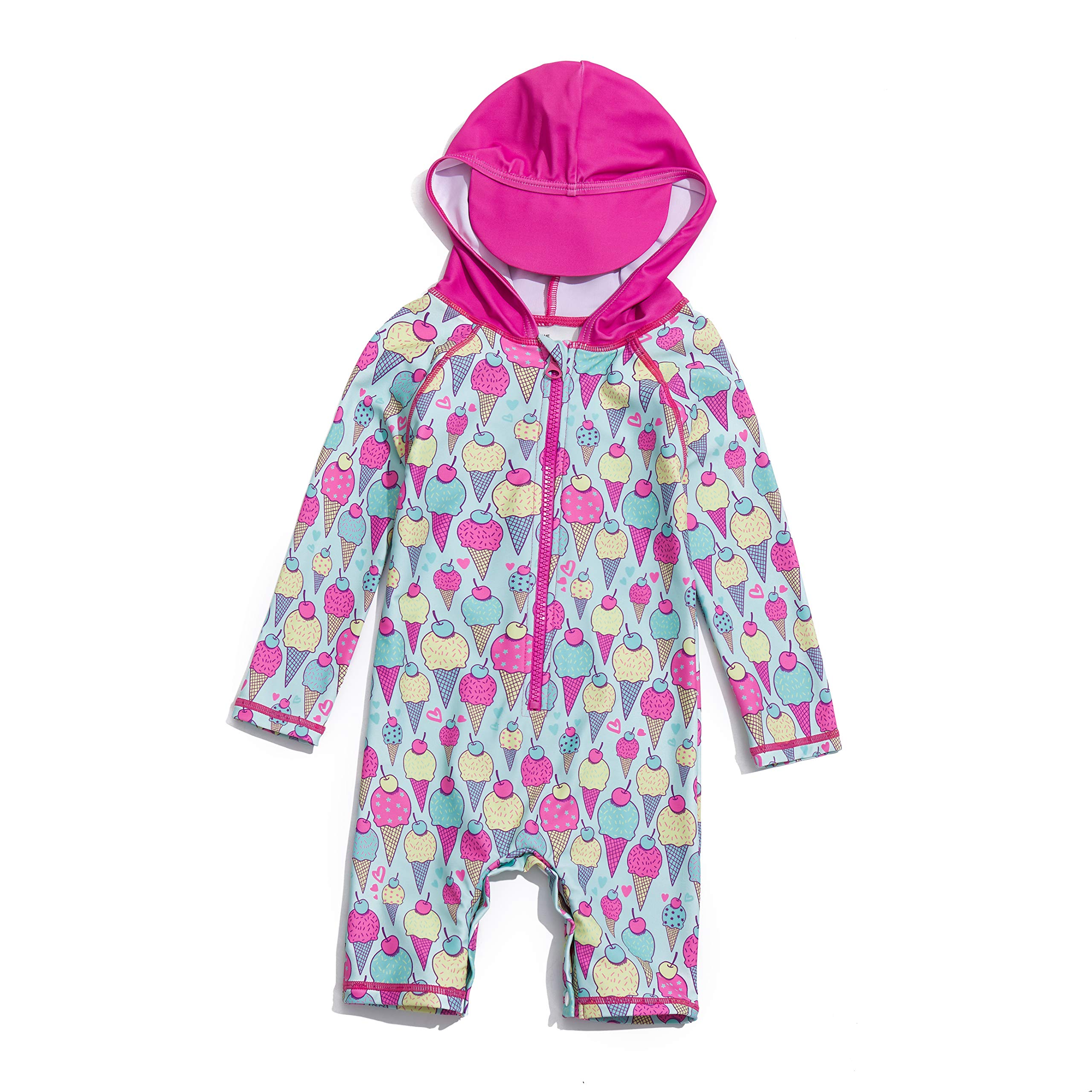 ADAVERANO Baby Girls Hooded Sunsuits/Swimsuits UPF 50+ One Piece Zipper (Hooded Ice Cream, 24-36Months)
