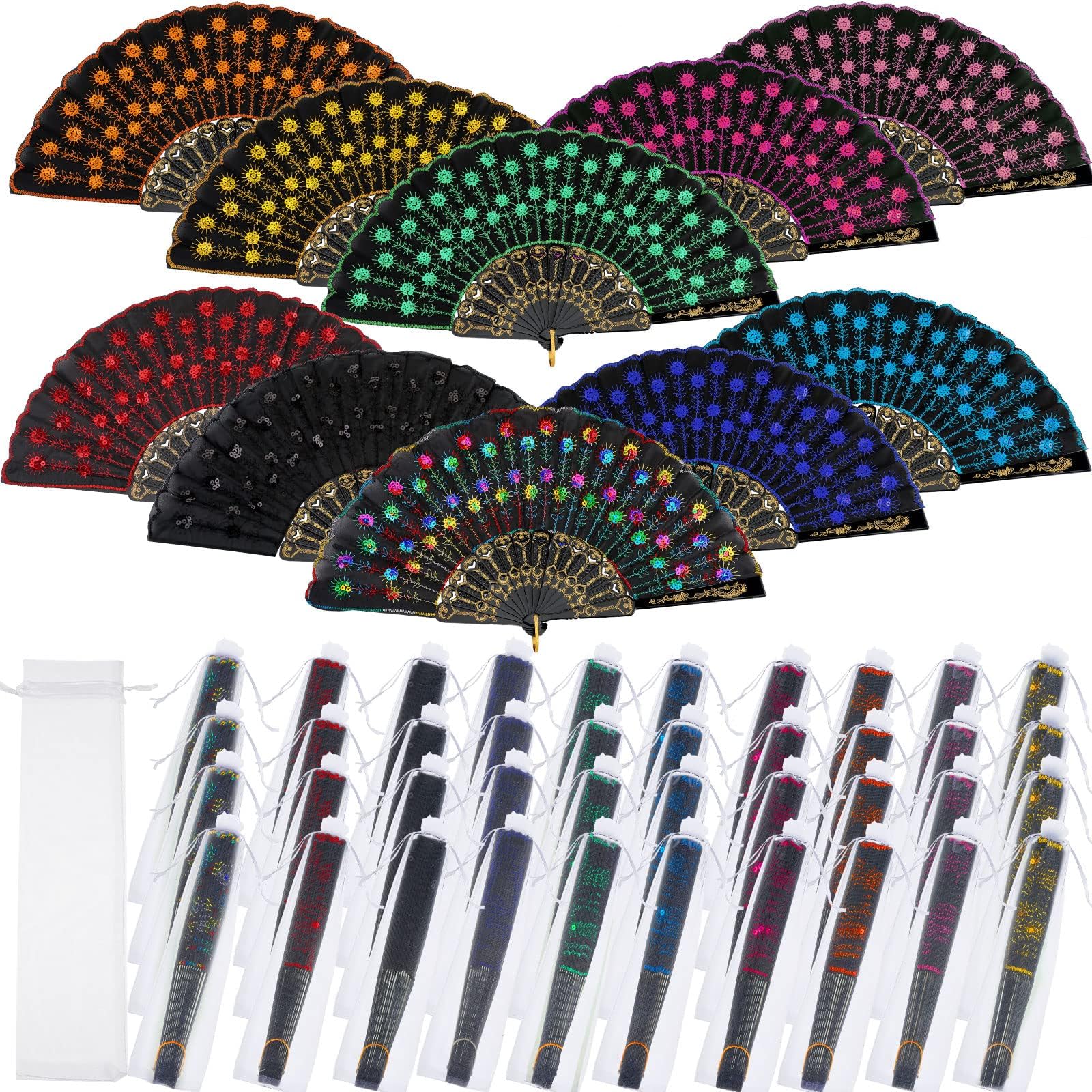 Aodaer 20 Pack Floral Folding Fans Chinese Style Handheld Fans Silk Bamboo Fans