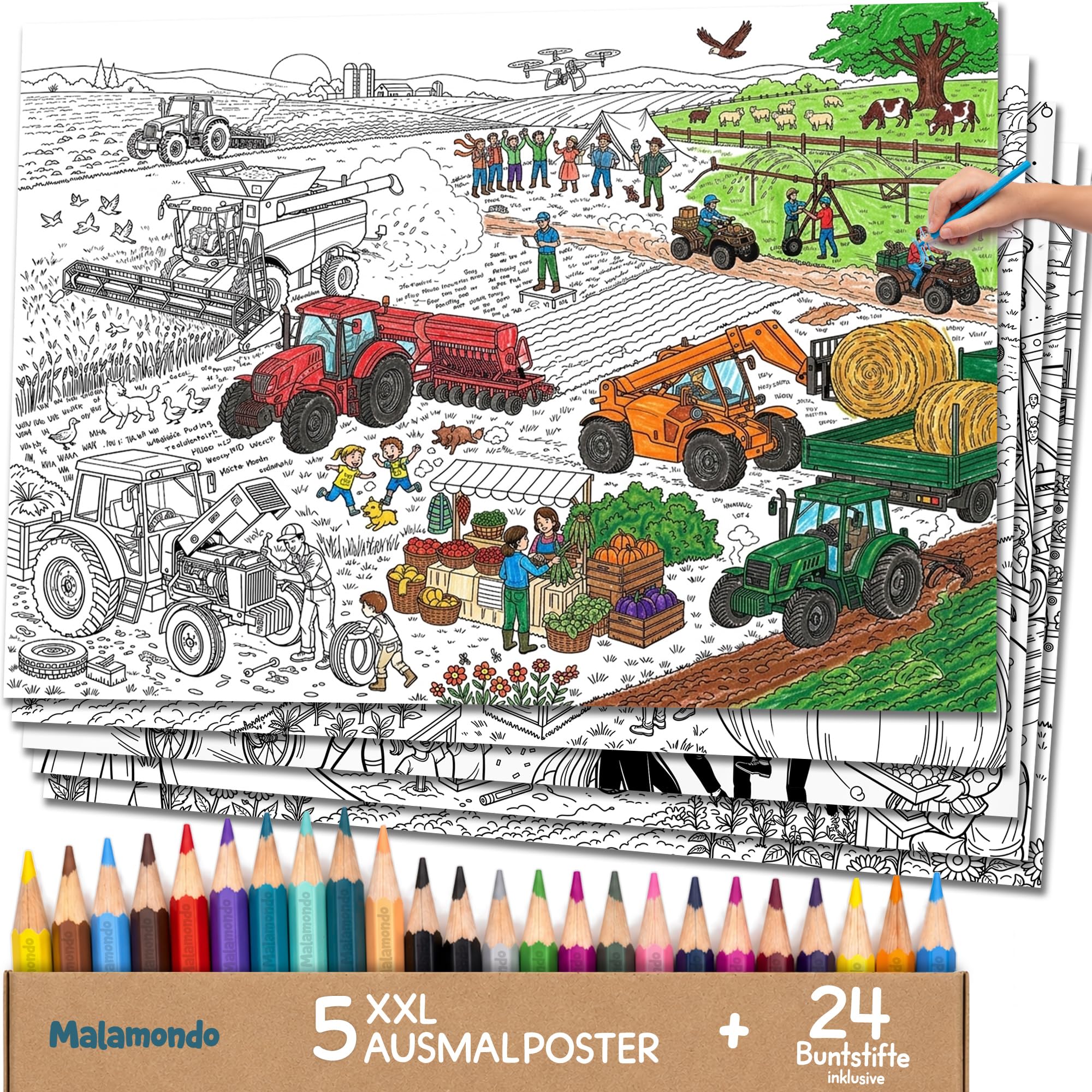 5 x kolorowy plakat XXL z 24 kredkami do kolorowania, farma od 5