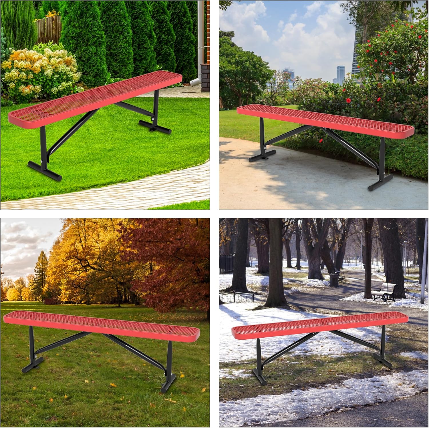 6 Feet Outdoor Steel Bench, Red Heavy Duty Metal Park Bench for Outside, Weatherproof Dock Bench, 72" L Commercial Benches Mesh Bench for Shopping Mall, Store, Lawn, Park, Patio, Deck, Garden