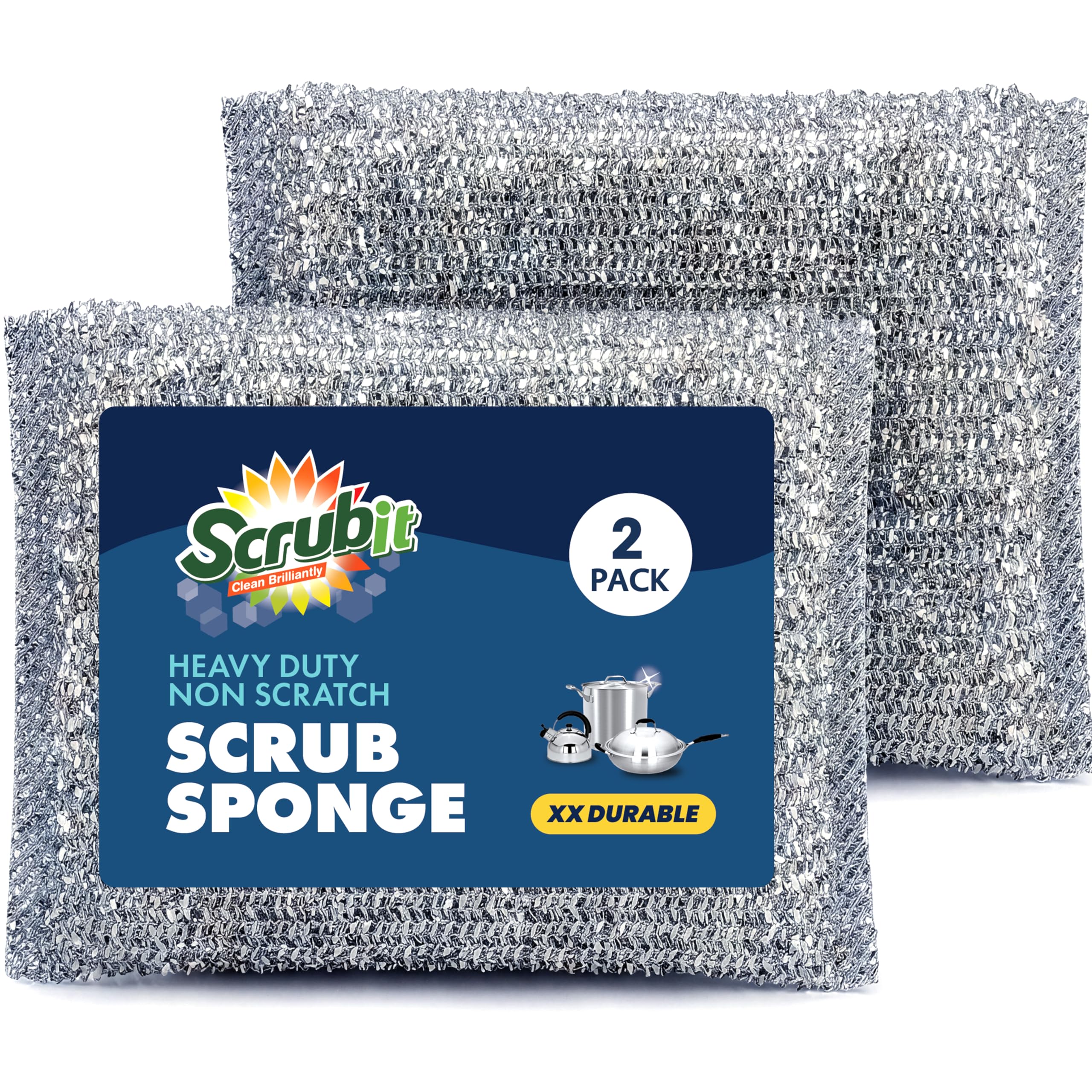 Scrubit Silver Scrub Sponges For Kitchen, Non-Scratch Dish Sponges, Heavy Duty Steel Wool Scrubber Sponges Kitchen & Dishes Scrubbers (2)