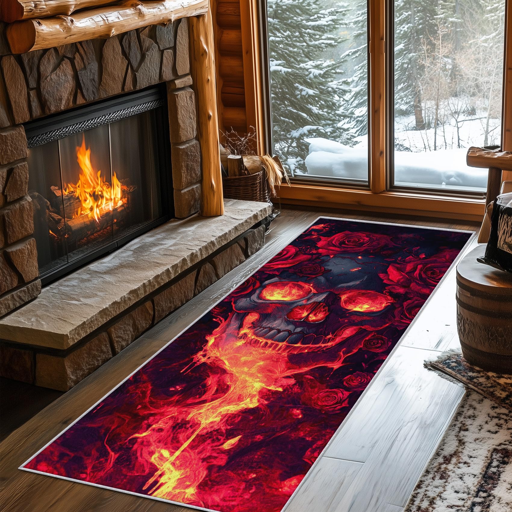 Generisch Läufer Flur Horror, Waschbarer Teppich Läufer Skelett Kleiner Totenkopf Flammen 60x200, Küchenteppich, Eingangsbereich, Bettvorleger, Schlafzimmer Deko, rutschfest, Kurzflor c236