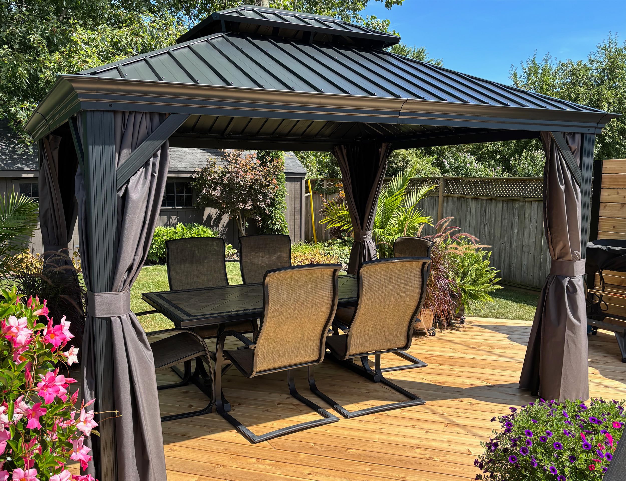 PURPLE LEAF Pergola Tonnelle de Jardin 3,65 × 3 m Toit Rigide Double Acier Galvanisé Gouttière Intégrée Poteaux Renforcés Rideaux Moustiquaire Gris