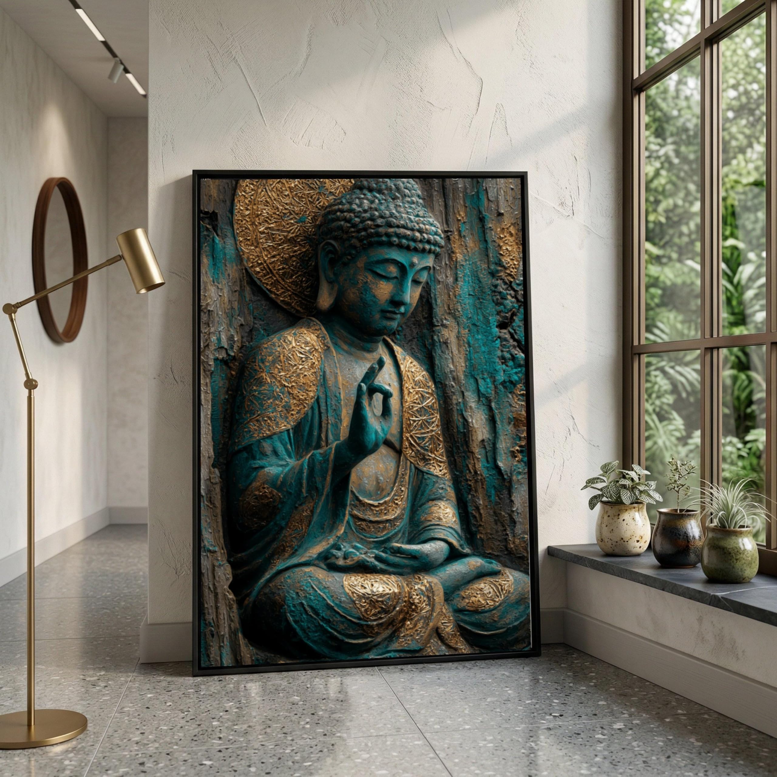 XBTYKPB Cuadro de pared con imagen de Buda meditando sereno, decoración espiritual para yoga, pintura de estatua de Buda zen, lienzo en tonos dorados y turquesa, para la mente (70x100cm/sin marco).