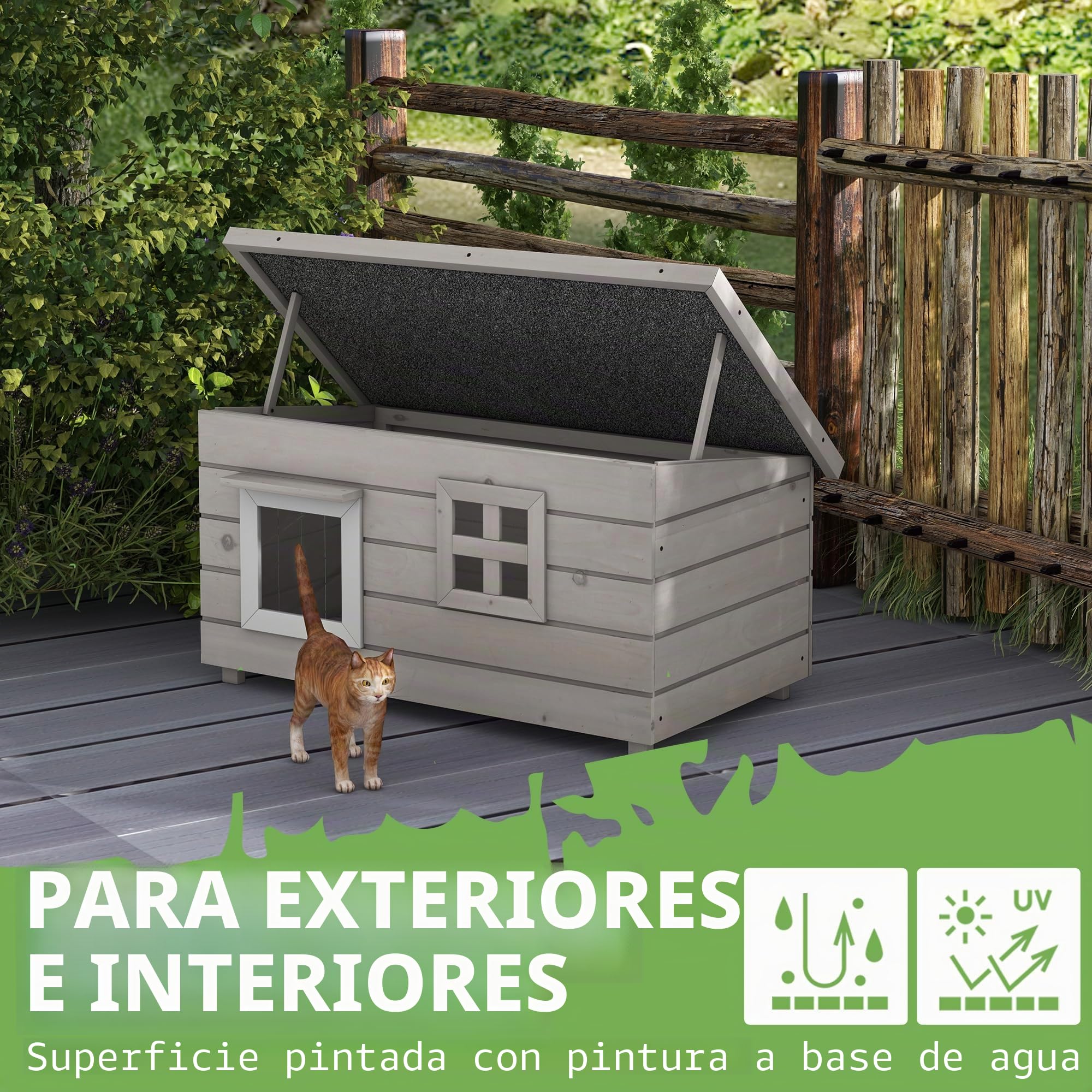PawHut Casa Madera Exterior Gato Techo abrible 87x52x44 cm Gris