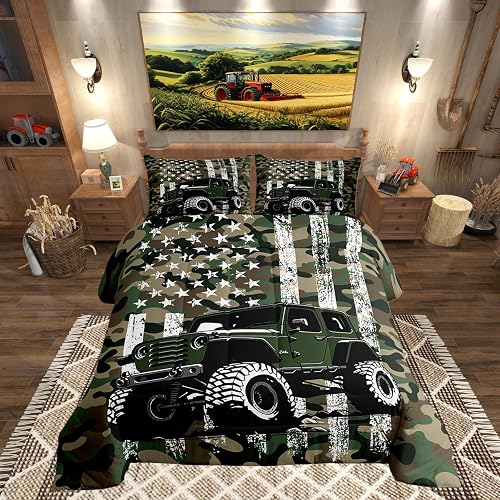 Manfei Off-Road Vehicle King Size Comforter Set 3 Pcs,Green Race Car Sports Adve