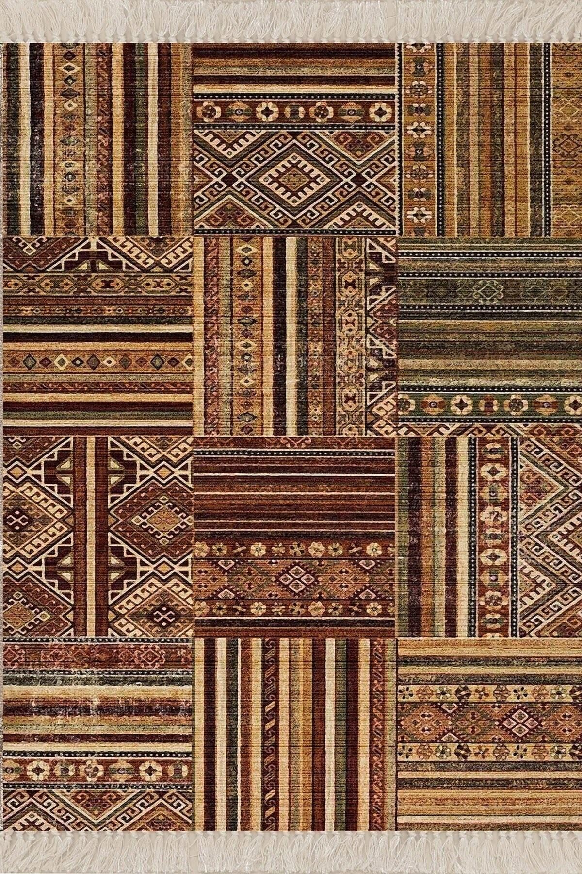 On The Clouds Kilim Desenli Etnik Dijital Baskı Yıkanabilir Kaymaz Taban Eskitme Salon Halı ve Yolluk MEG895, 180 x 280