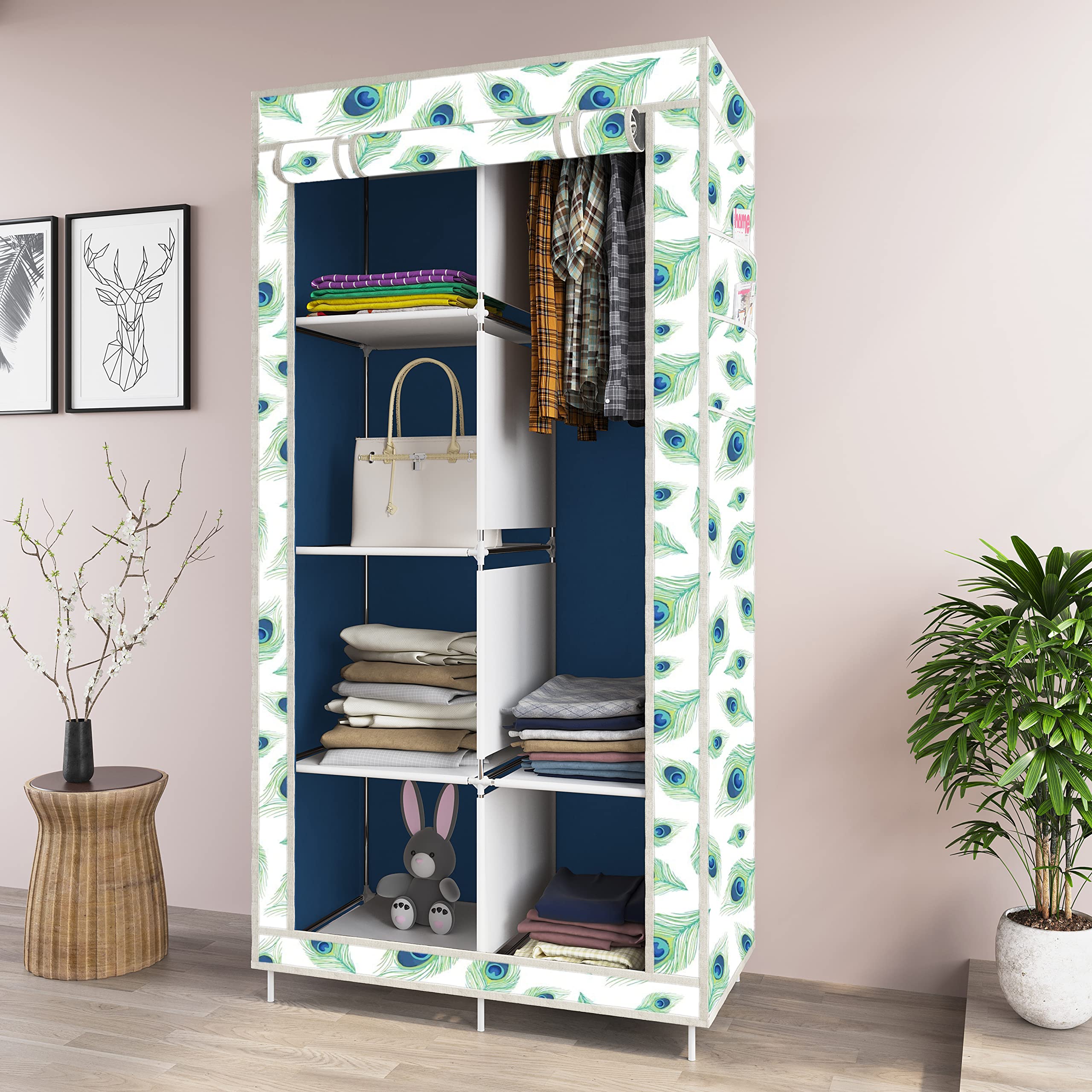 Eco Shopee SHOPPING SIMPLIFIED® Collapsible Wardrobe Cloth Rack Storage Organizer Shelves Non Woven Fabric and PP Plastic Storage Unit for Clothes Printed Almirah (2001-3 Peacock Blue)