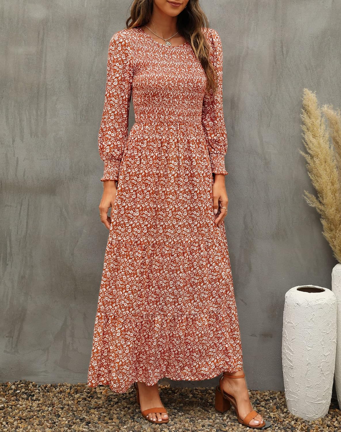 Annebouti Women's 2026 Spring Casual Long Sleeve Maxi Dress Boho Floral Smocked A-Line Modest Wedding Guest Long Dresses - Image 2