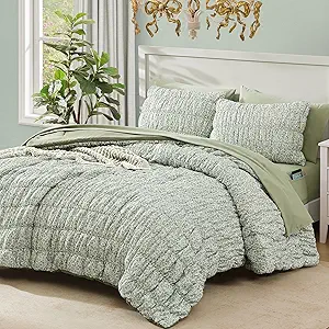 Queen Comforter Set-7 Pieces Sage Green Classic Puff Floral Bedding Sets for All Seasons,Shabby Chic Farmhouse Bed in a Bag Queen with Wildflowers Comforter,Sheets, Pillowcases & Shams