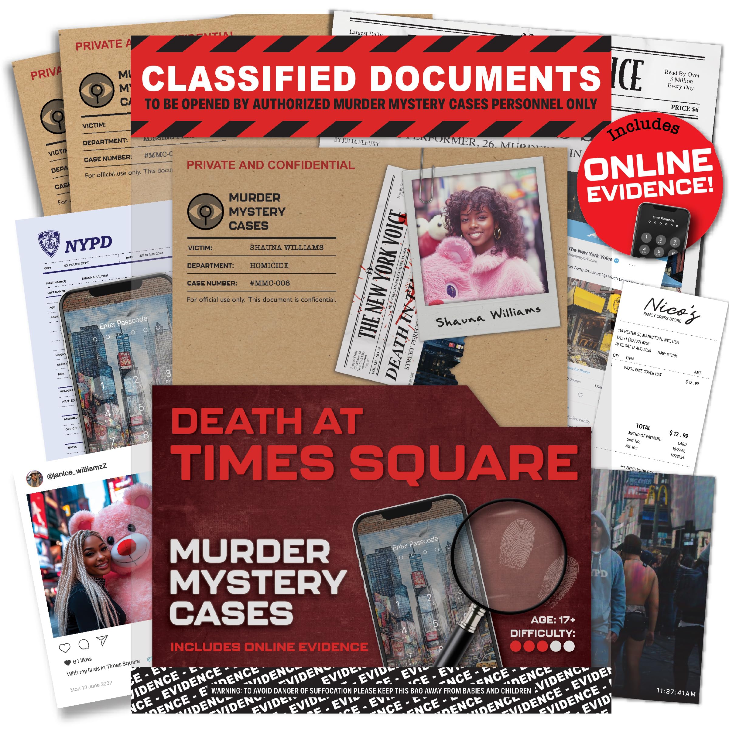 Lucky Egg MMC Death at Times Square, Thrilling Murder Mystery Case File in New York City, 40 Evidence Pieces