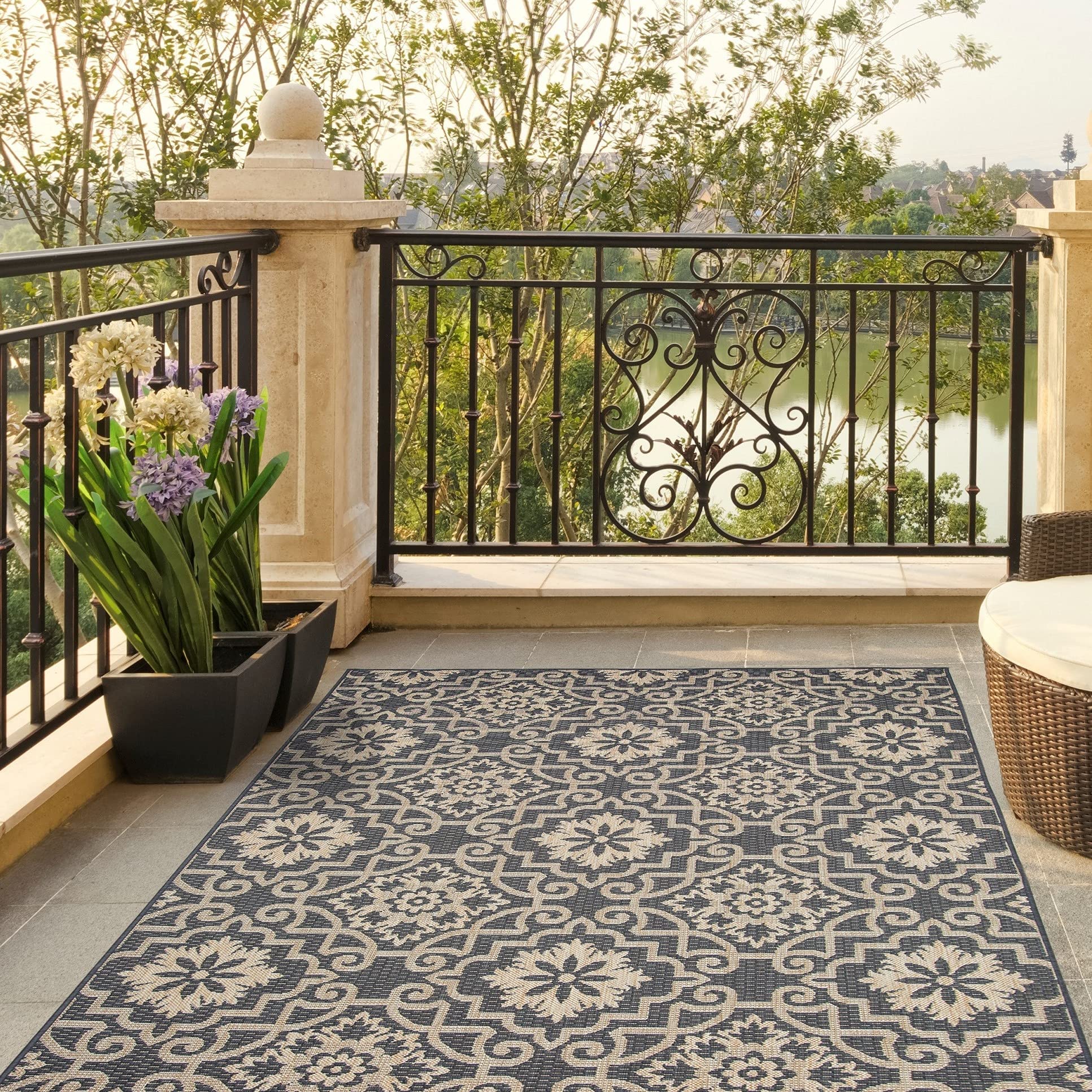 PRIYATE Moro Tile Indoor/Outdoor Area Rugs 6'7'' x 8'10'' - Classic New York Collection - Easy to Clean, Pet Friendly, High Traffic Carpet - Patio, Deck, Garden, Pool Side, Living & Dining Room (color is Black/White)