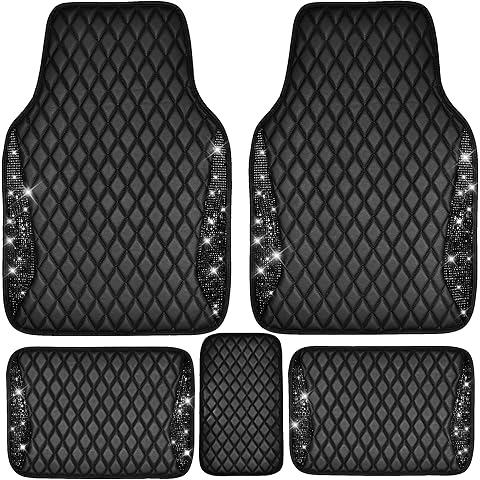 CAR PASS Bling Leather Car Mats Shining Diamond Floor Mats Sparkly Glitter Crystal Rhinestones Carpet Anti-Slip Waterproof Pad Universal Fit for Automotive SUV, Sedan, Van, 5pcs for Girl Women Black