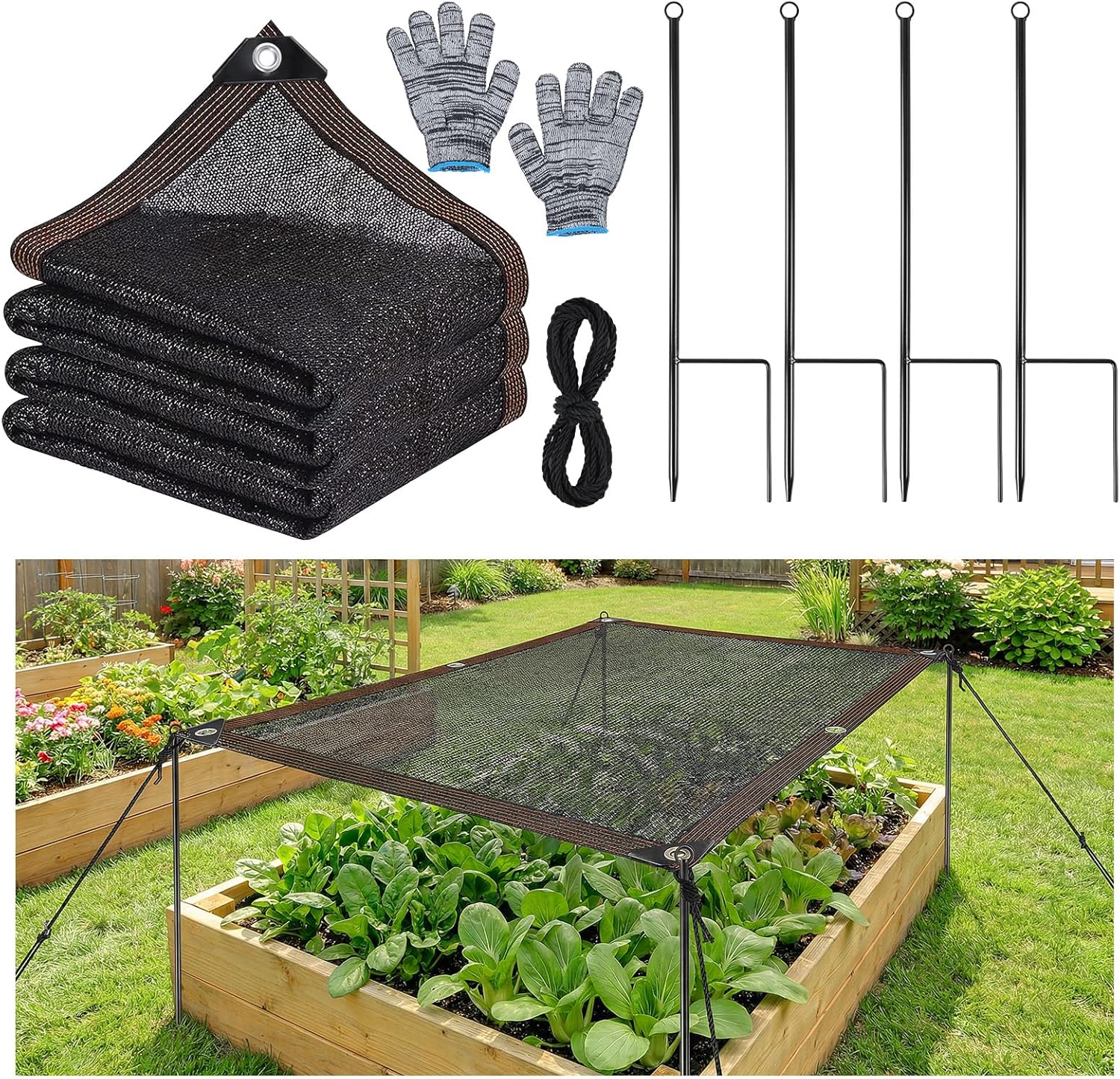 Shade cloth kit with green mesh, stakes, rope, and gloves