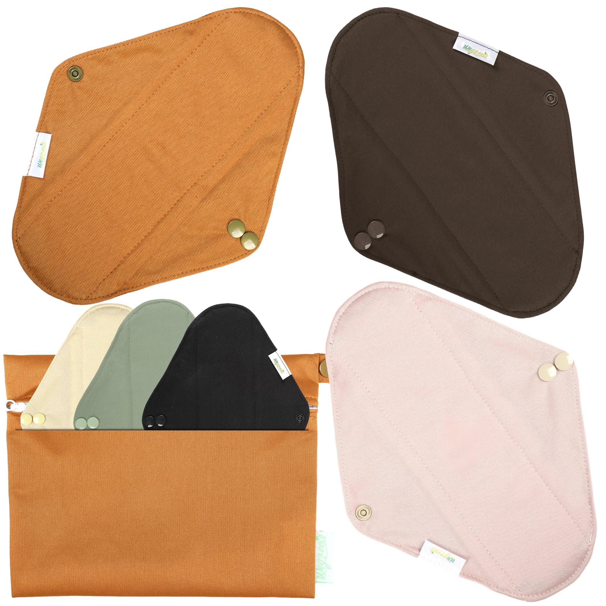 wegreeco Charcoal Reusable Menstrual Pads - Reusable Sanitary Pads | Reusable Panty Liners | Soft Cloth Menstrual - 6 Pack with 1 Cloth Mini Wet Bag (Medium, Dark Coffee)