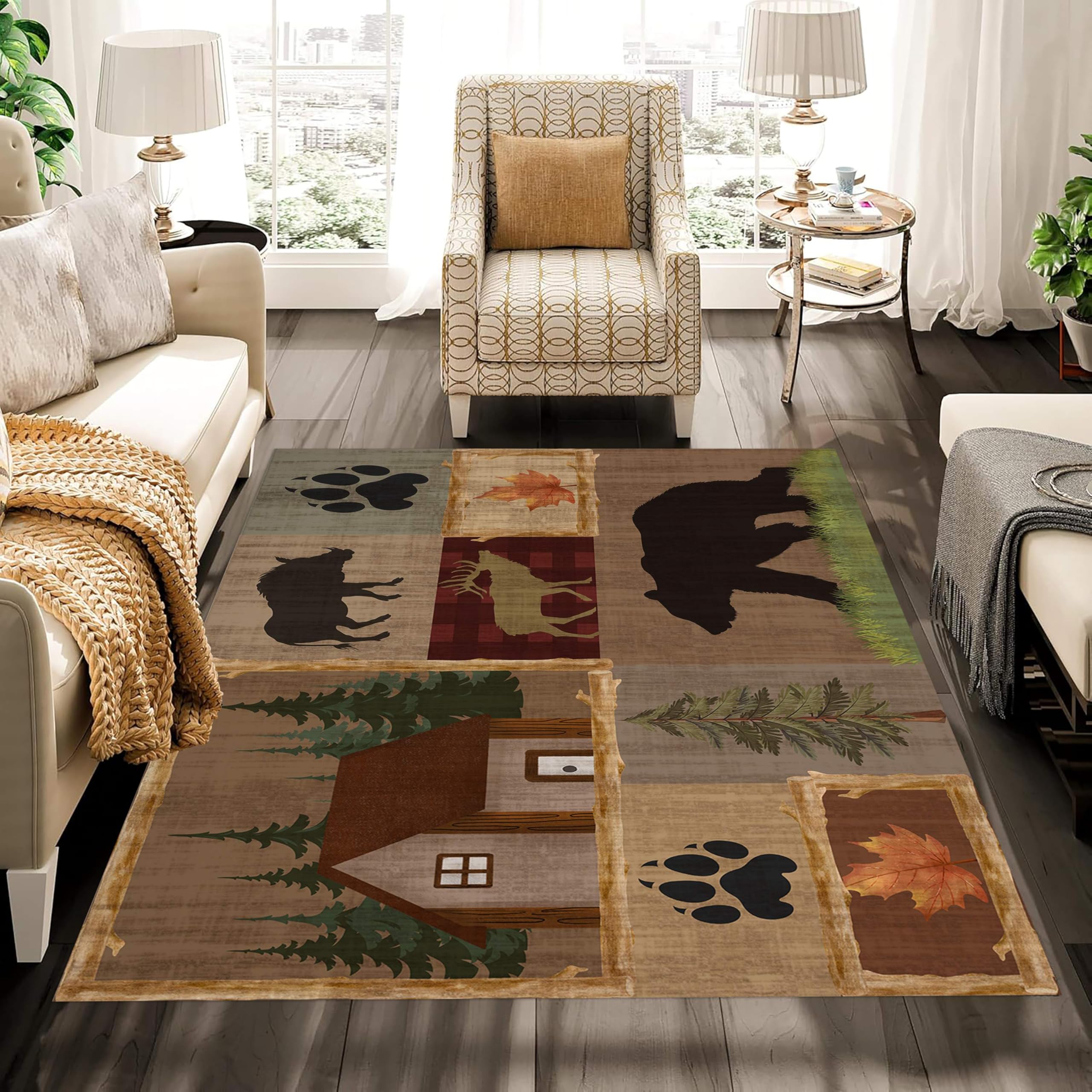 MUOUCTE Rustic Animal Area Rug, 180x230cm, Vintage Checkered Leaves Bear Footprints Tree Farmhouse Rugs, Entrance Washable Short Pile Non Shedding Room Decor Flat Mat for Kitchen Bedroom