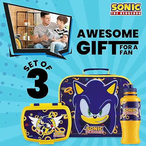 Miniatura 3 de SONIC THE HEDGEHOG Fiambrera para niños, juego de 3 piezas, bolsa de almuerzo aislada, caja de refrigerios, botella de agua de 14.5 fl oz, sin BPA,