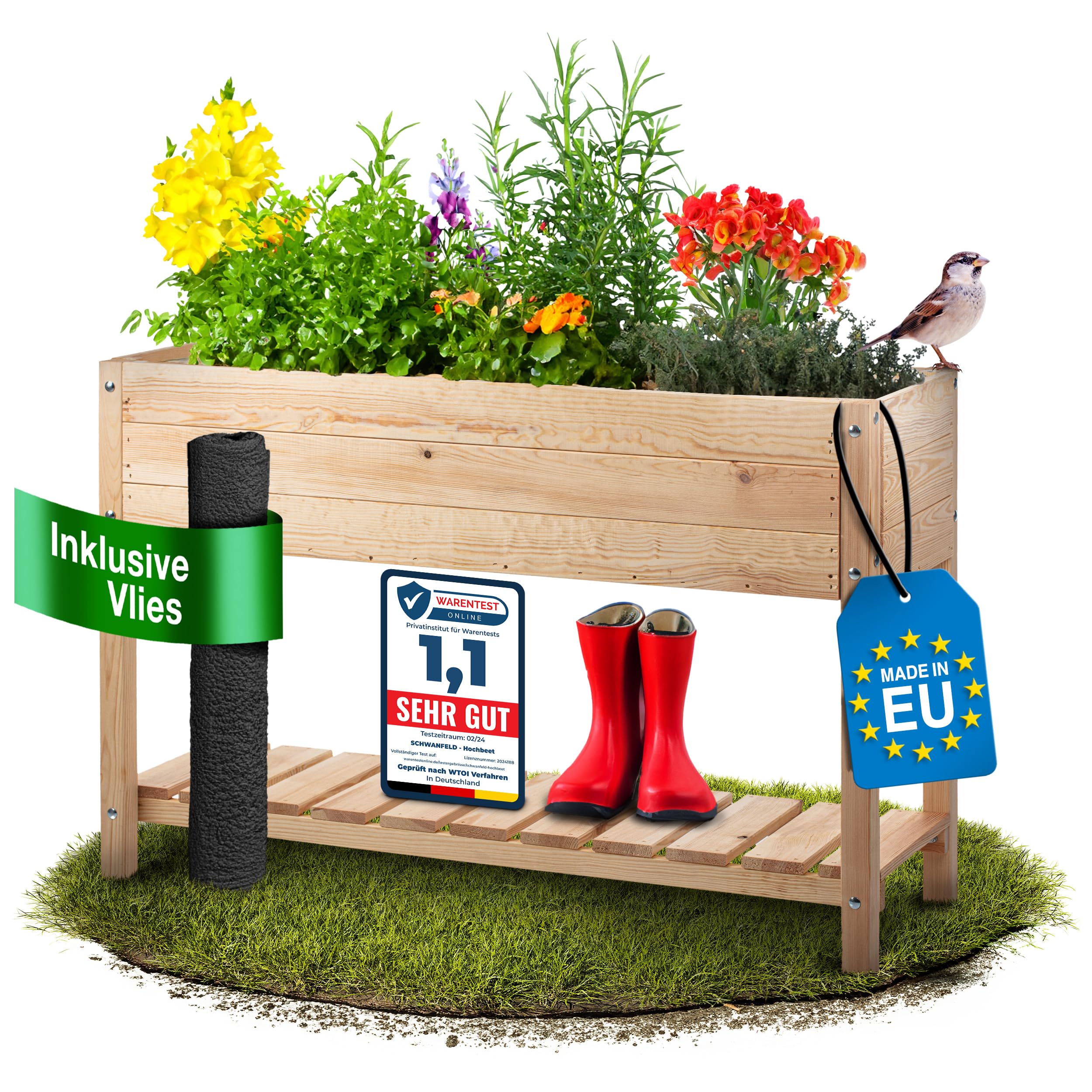 SCHWANFELD® 118x40x78cm Hochbeet Holz [Schutz vor Schädlingen] - inkl. praktischer Vlies - Hochbeete für Garten FSC® - Hochbeet mit Ablage (Wetterfest & Langlebig) - Hochbeete für Garten