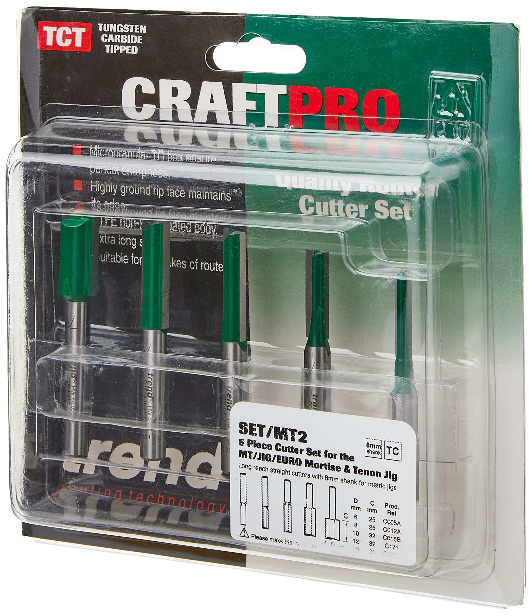 Trend 5 sztuk MT/JIG zestaw frezów metrycznych, Zestaw pięciu frezów prostych o długim wysięgu o średnicach od 6 mm do 16 mm, SET/MT2X8MMTC
