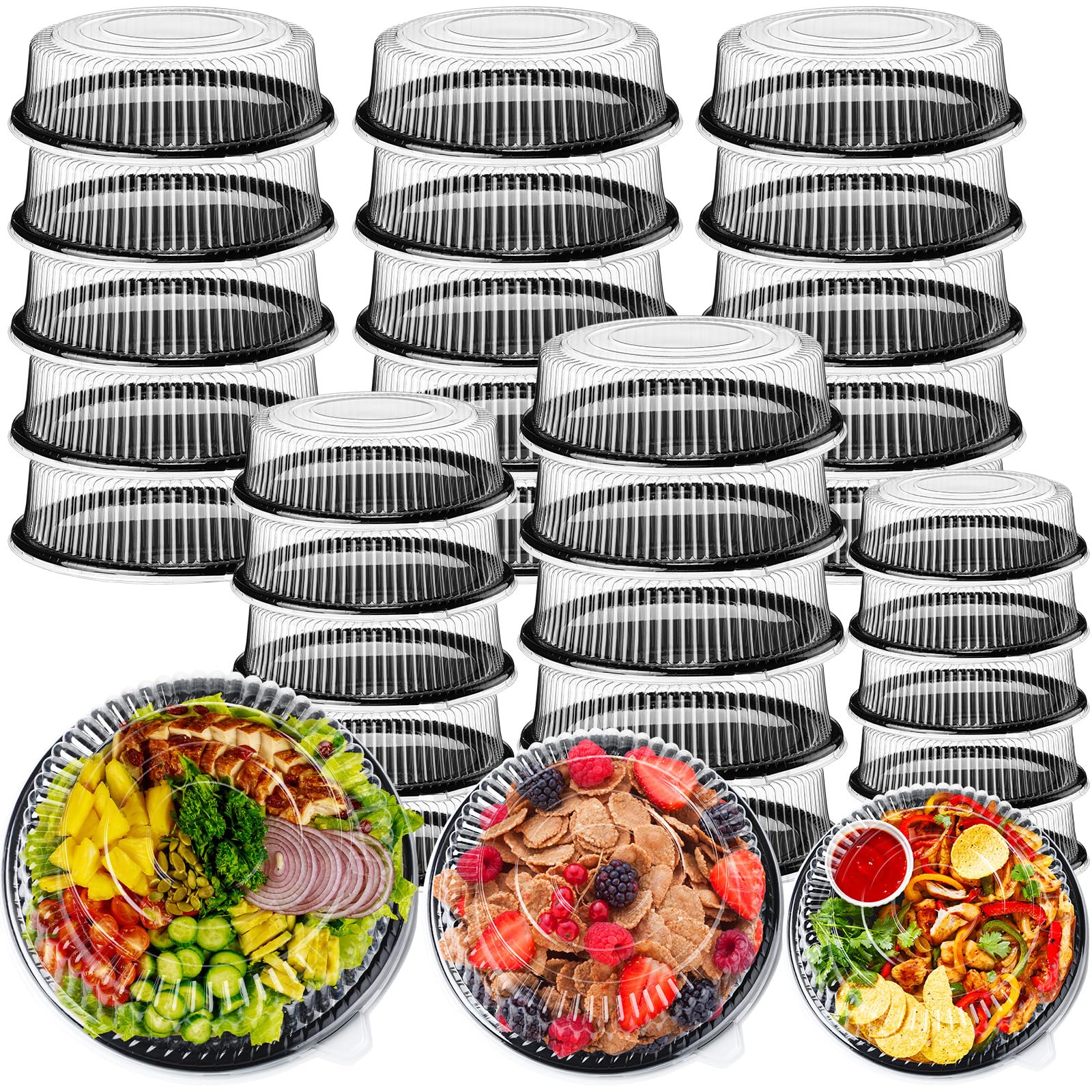 Zhehao Paquete de 30 bandejas de plástico desechables con tapa, bandejas de catering resistentes con tapas transparentes, bandeja redonda apilable para galletas para fiestas (negro, 12 pulgadas, 16