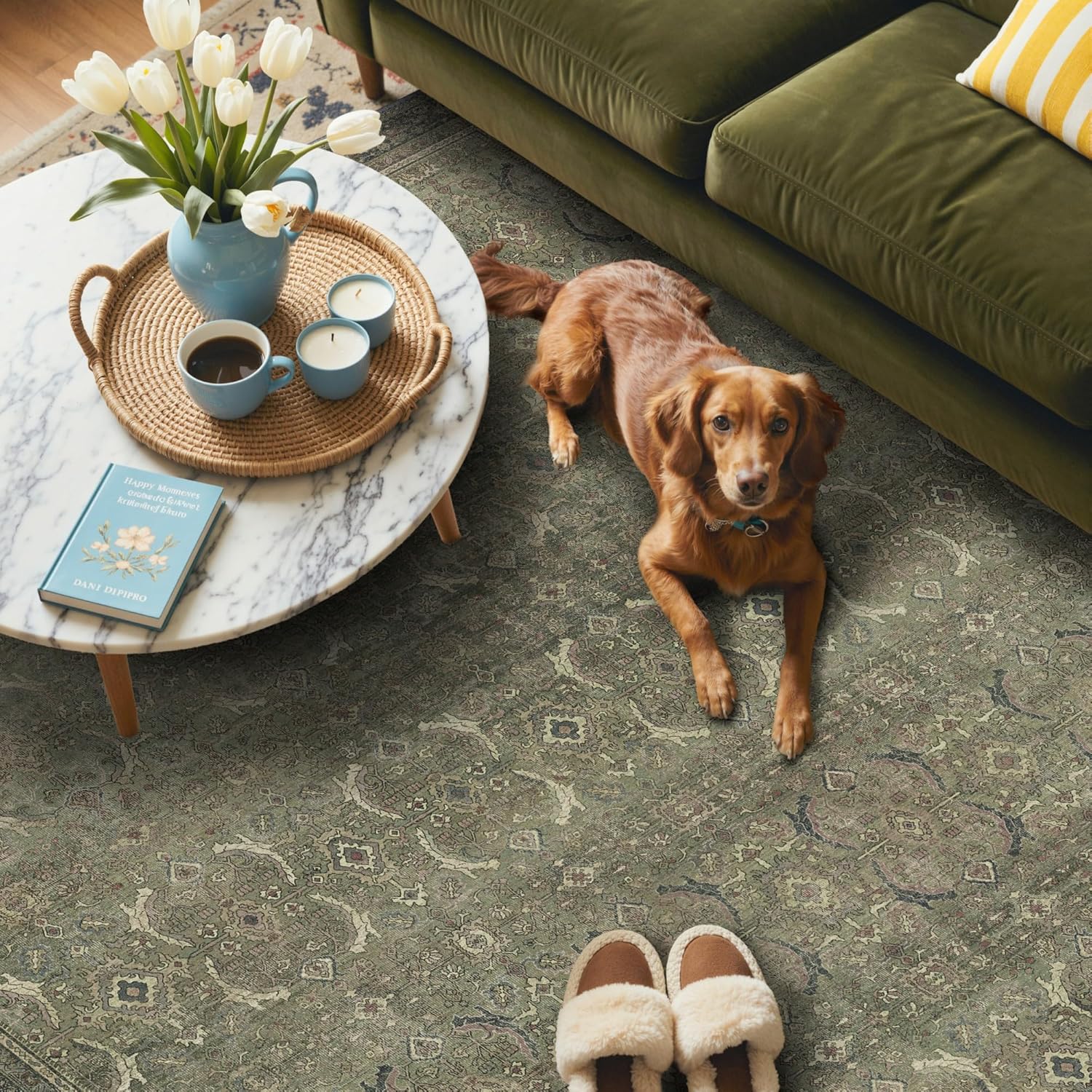 GENIMO 2x10 Runner Rugs for Hallway, Machine Washable Non Slip Vintage Rugs, Low Pile Lightweight Soft Print Rug for enrtyway, Corridor, Home Office, Kitchen, Muted Green