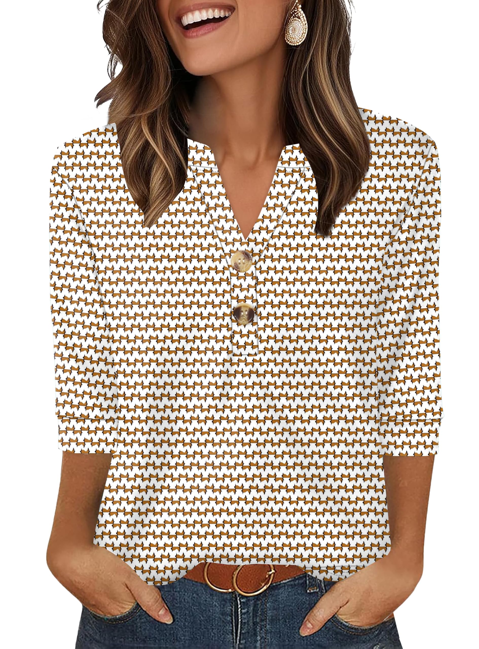 Aokosor Womens 3/4 Sleeve Tops Ladies Blouse V Neck Tunic Long Sleeve T Shirts Curved Hem Office Wear — view 5