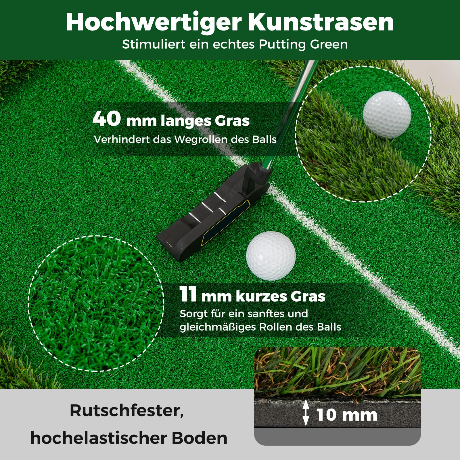 COSTWAY 300 x 50 cm Golf Puttingmatte, Putting Green mit 3 Golfbällen & 2 Lochgrößen, Trainingsmatte für Indoor & Outdoor, Übungsmatte faltbar für Büro, Garten & Terrasse