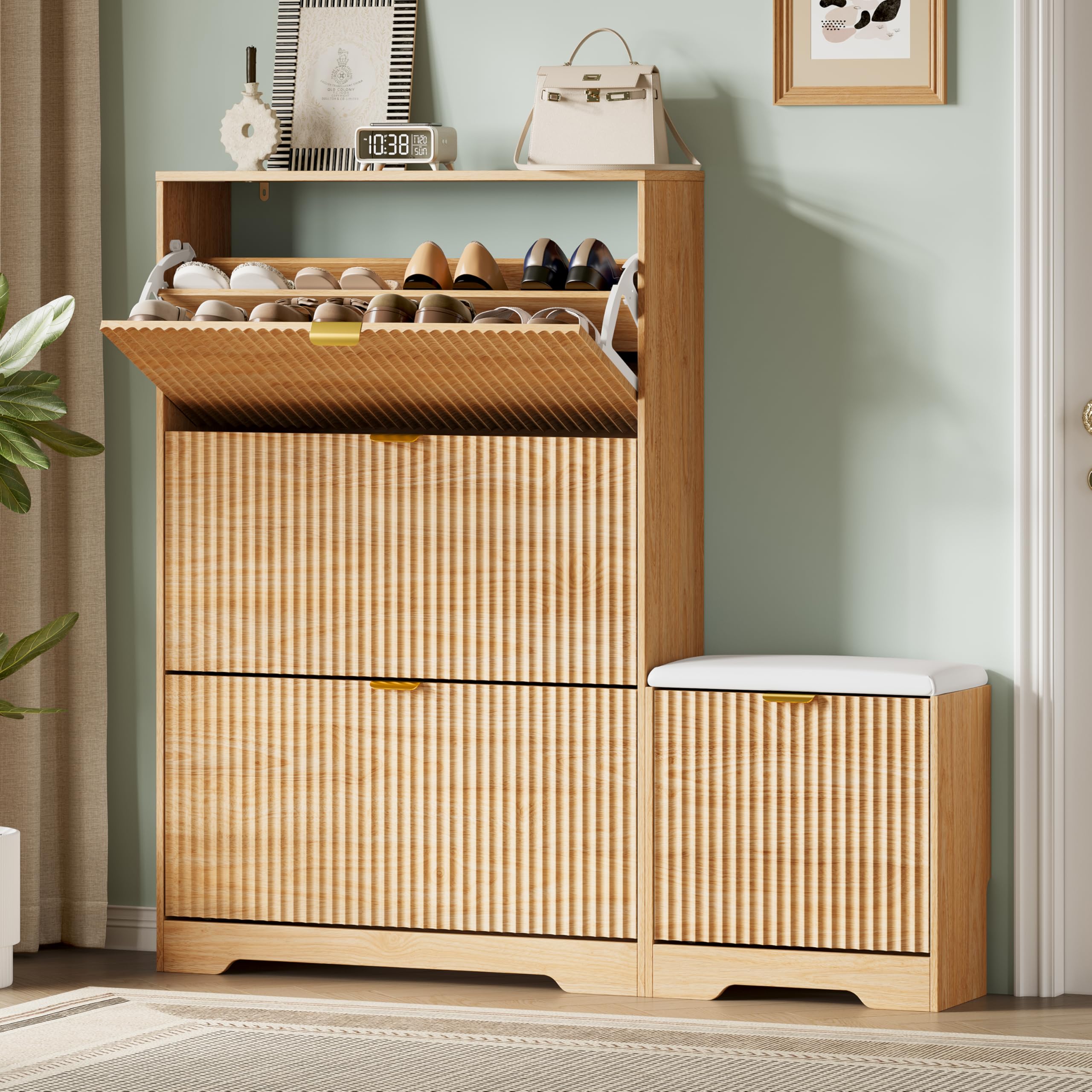 Xixini Shoe Storage Cabinet for Entryway with 3 Flip Drawers &amp; Bench, Slim Wood Shoe Organizer with Modern Fluted Panel, Freestanding Narrow Shoe Rack for Front Door Entrance, Hallway, Foyer, Oak